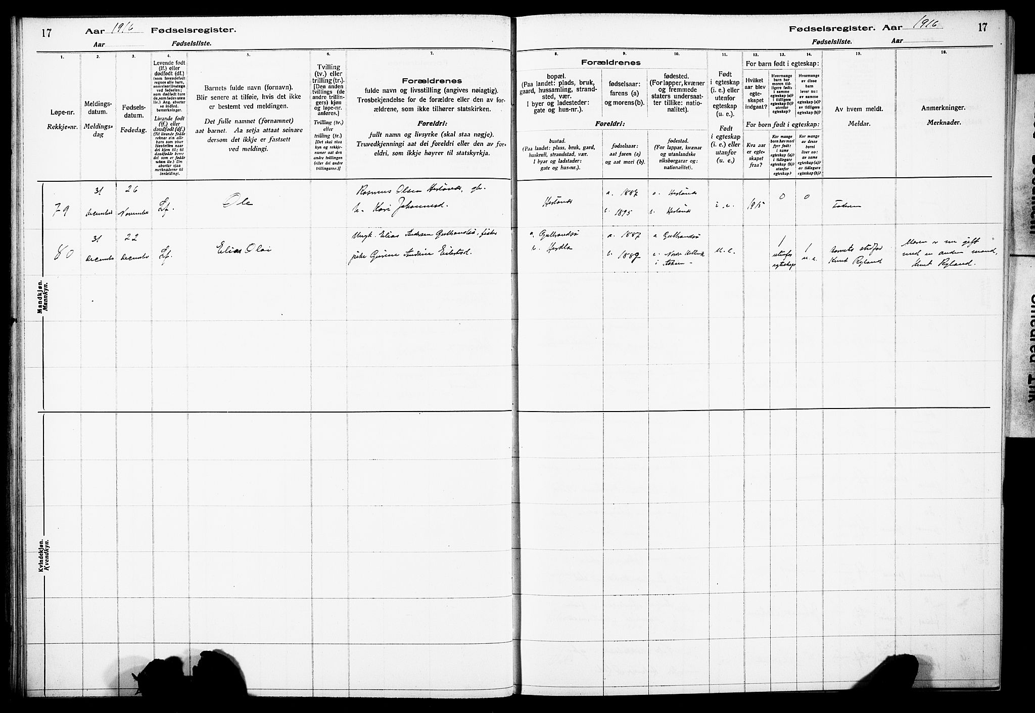 Herdla Sokneprestembete, SAB/A-75701/I/Id/L00A1: Fødselsregister nr. A 1, 1916-1929, s. 17