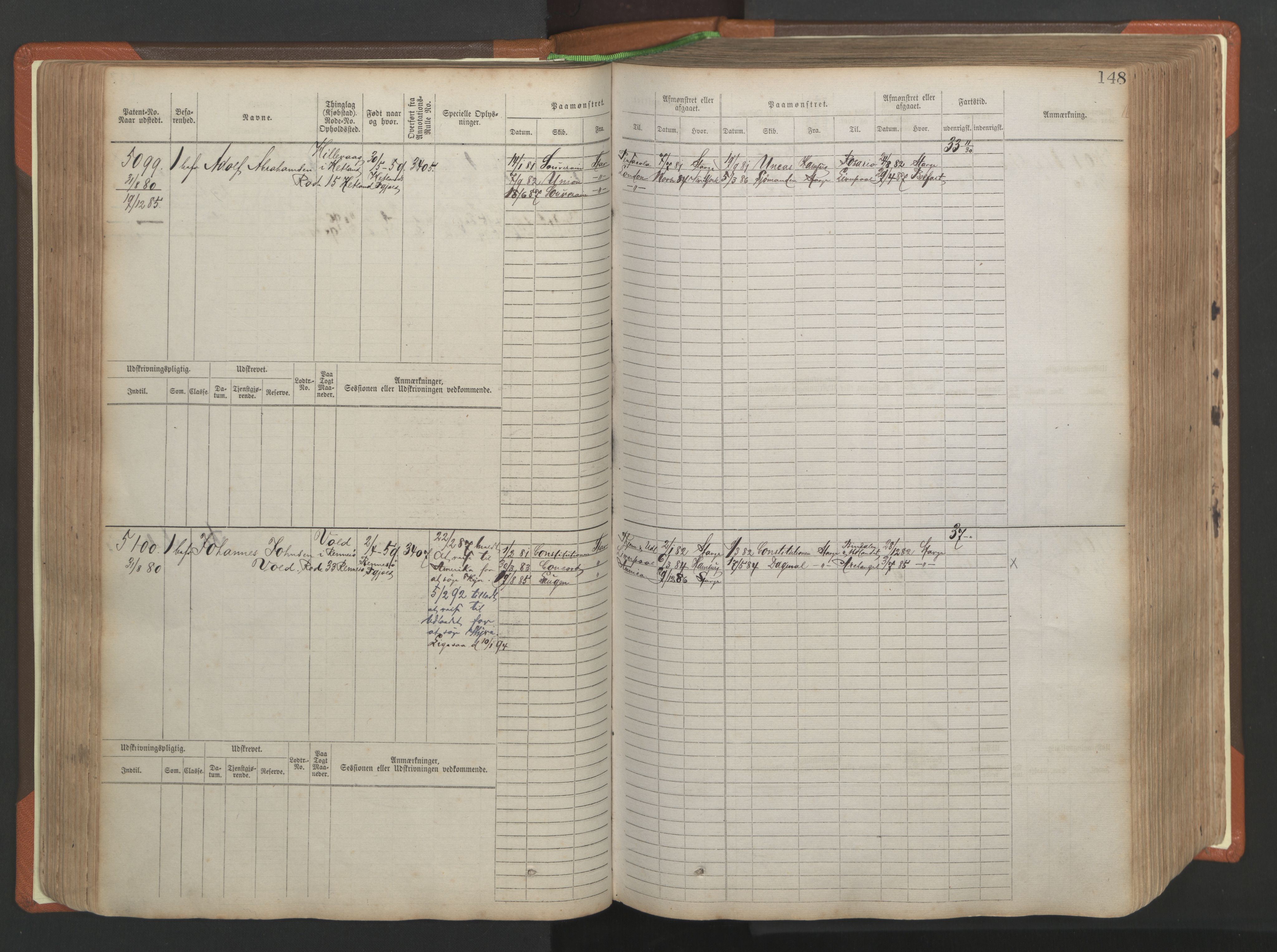 Stavanger sjømannskontor, AV/SAST-A-102006/F/Fb/Fbb/L0009: Sjøfartshovedrulle, patentnr. 4805-6006, 1879-1887, s. 154