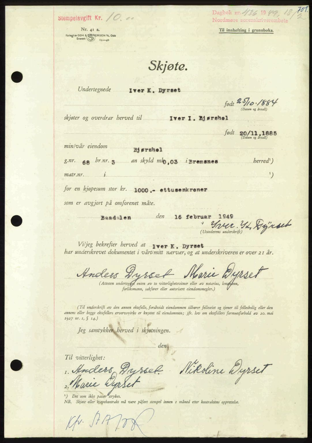 Nordmøre sorenskriveri, AV/SAT-A-4132/1/2/2Ca: Pantebok nr. A110, 1948-1949, Dagboknr: 436/1949