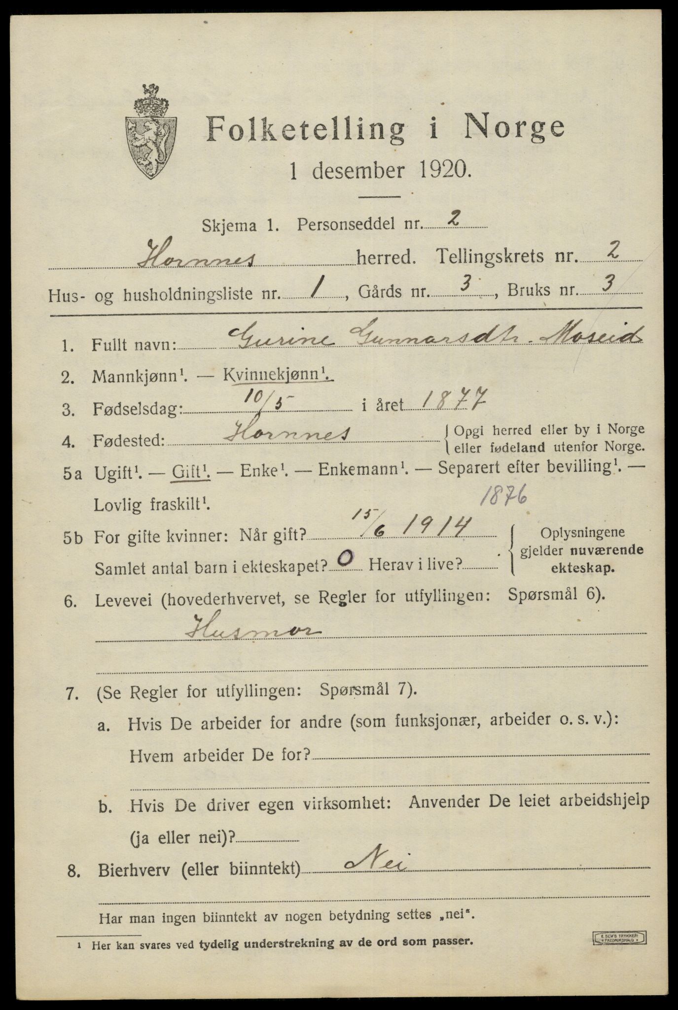 SAK, Folketelling 1920 for 0936 Hornnes herred, 1920, s. 703