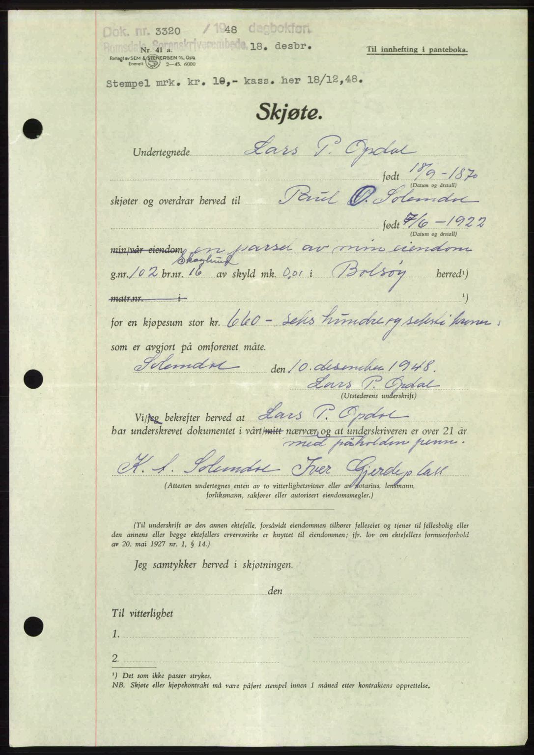 Romsdal sorenskriveri, AV/SAT-A-4149/1/2/2C: Pantebok nr. A28, 1948-1949, Dagboknr: 3320/1948