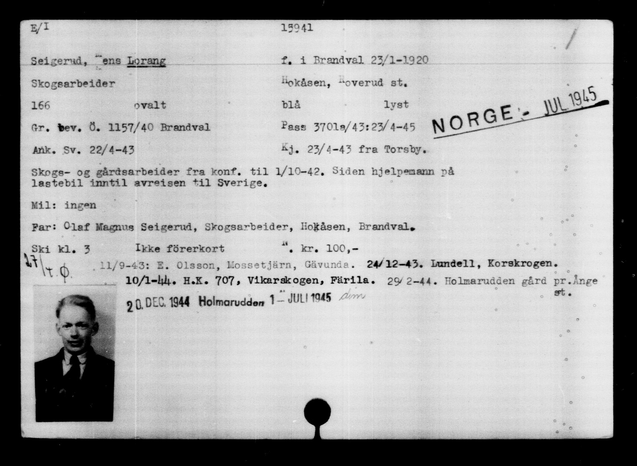 Utenriksstasjonene, Legasjonen i Stockholm, Flyktningkontoret, AV/RA-S-6753/V/Va/L0008: Kjesäterkartoteket, flyktninger med registreringsnr. 15700-18547, 1940-1945, s. 257