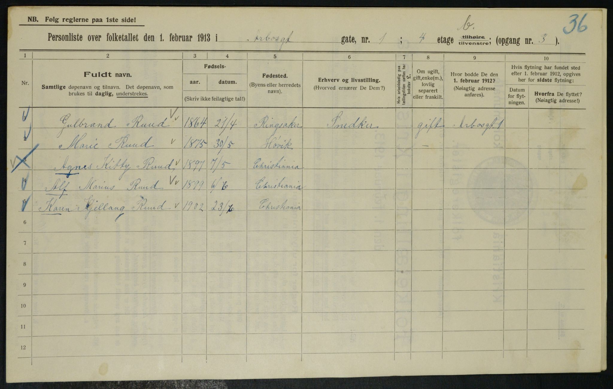 OBA, Kommunal folketelling 1.2.1913 for Kristiania, 1913, s. 1629