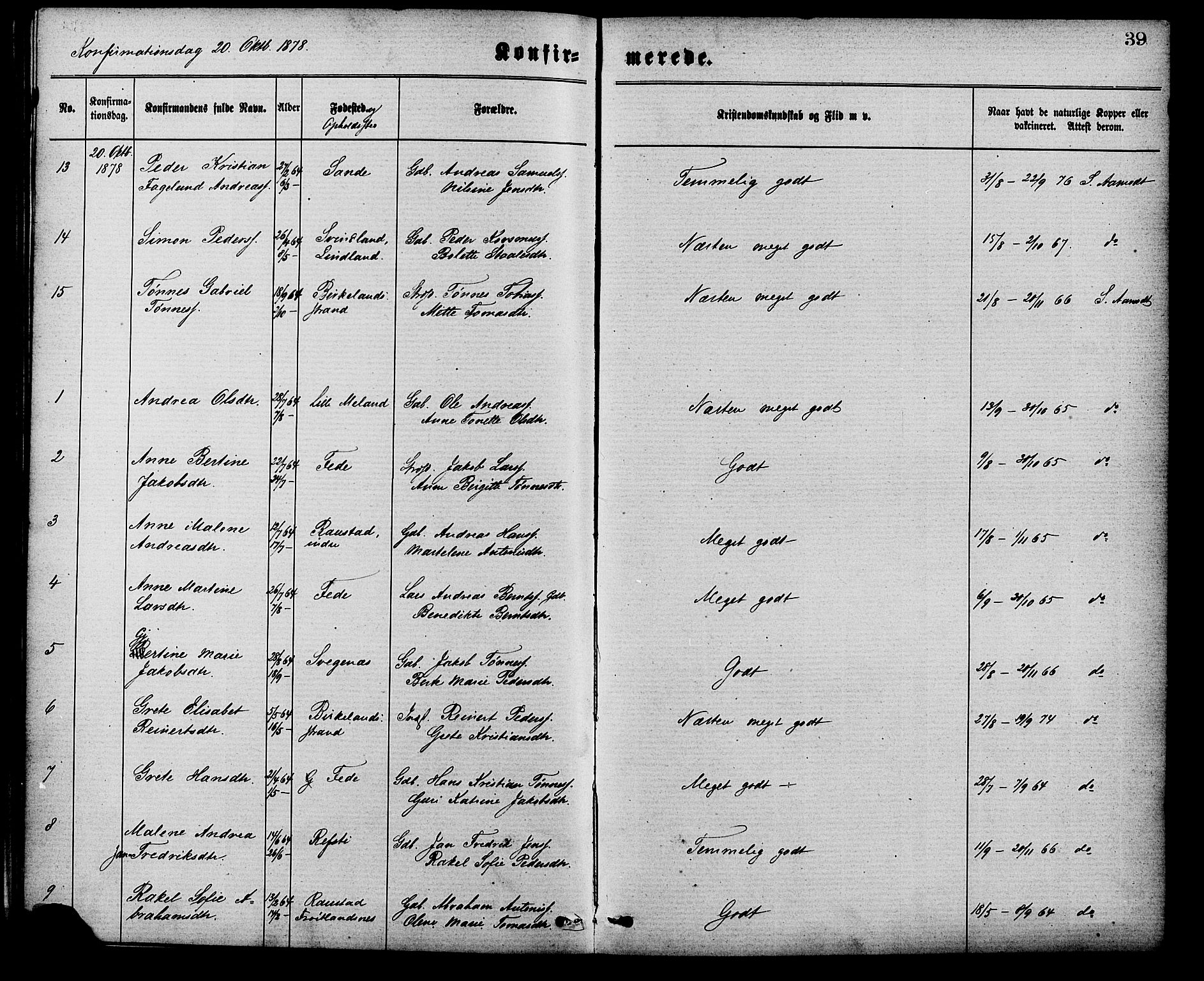 Kvinesdal sokneprestkontor, SAK/1111-0026/F/Fa/Faa/L0003: Ministerialbok nr. A 3, 1877-1882, s. 39
