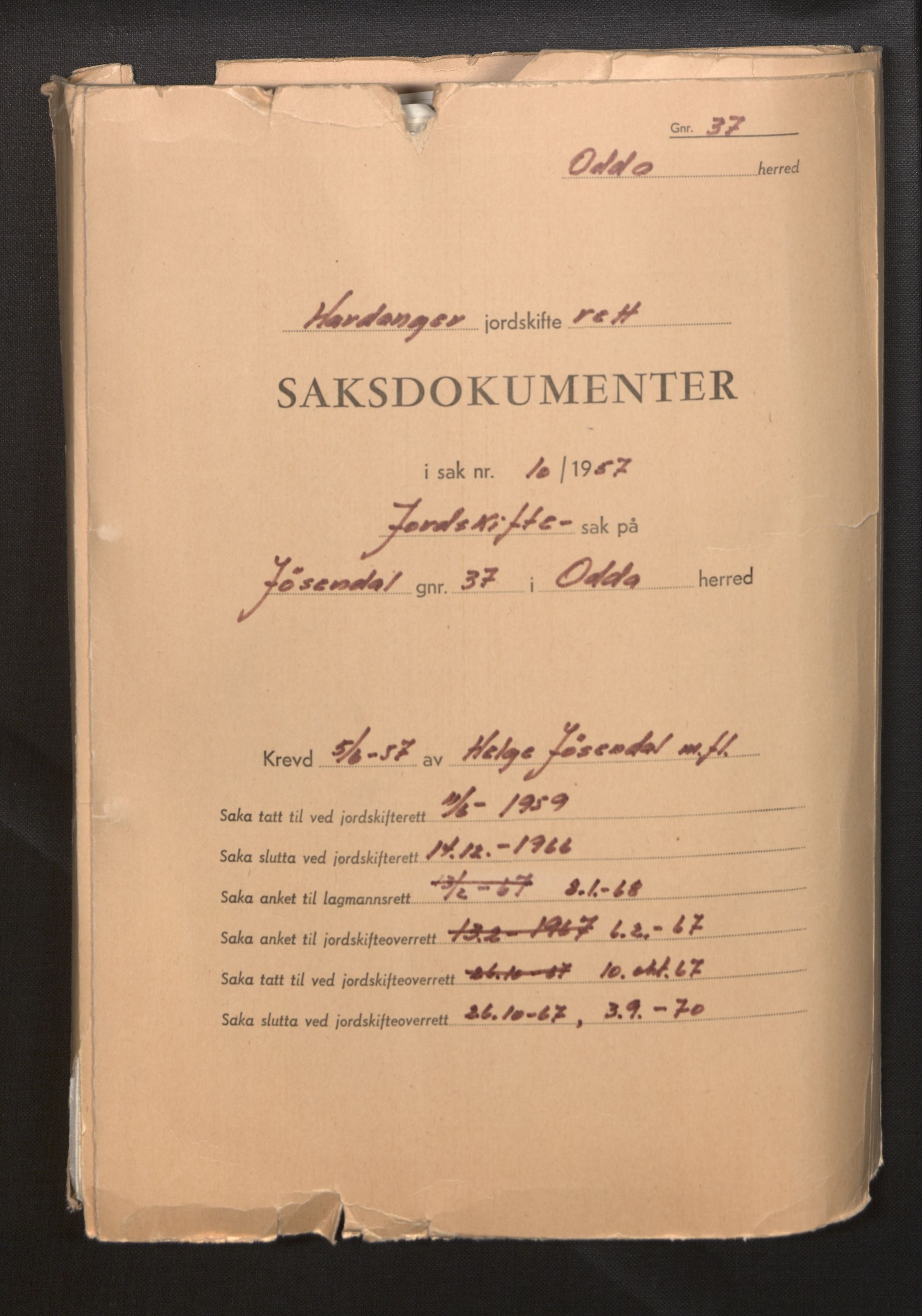 Hordaland jordskiftedøme - IV Hardanger jordskiftedistrikt, SAB/A-7101/B/Bf/L0005: Odda gnr. 37, 1957-1970, s. 1