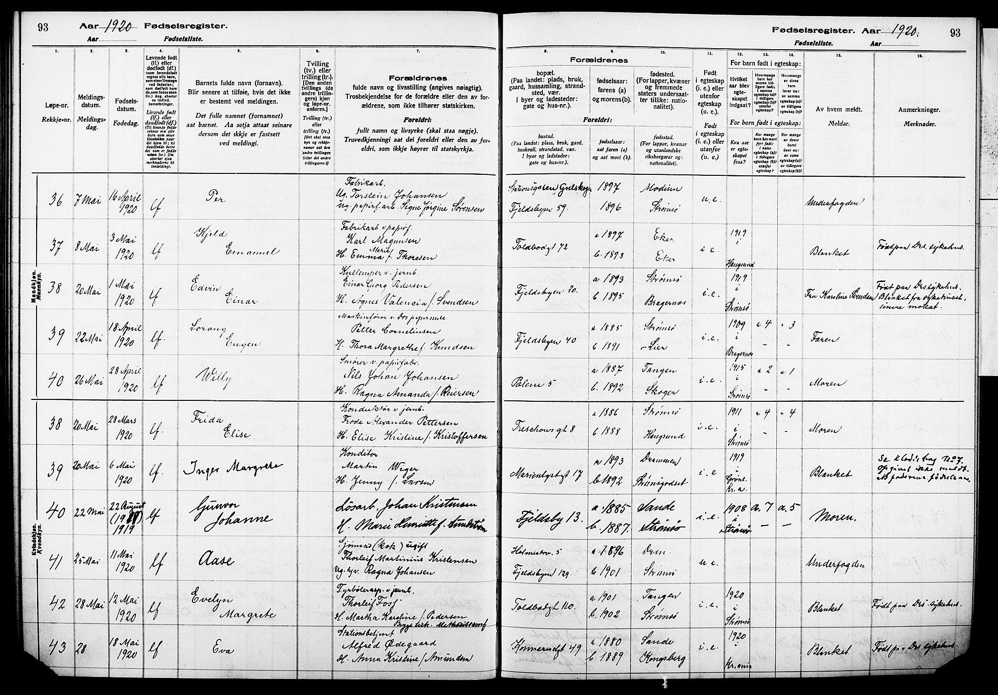Strømsø kirkebøker, AV/SAKO-A-246/J/Ja/L0001: Fødselsregister nr. I 1, 1916-1925, s. 93