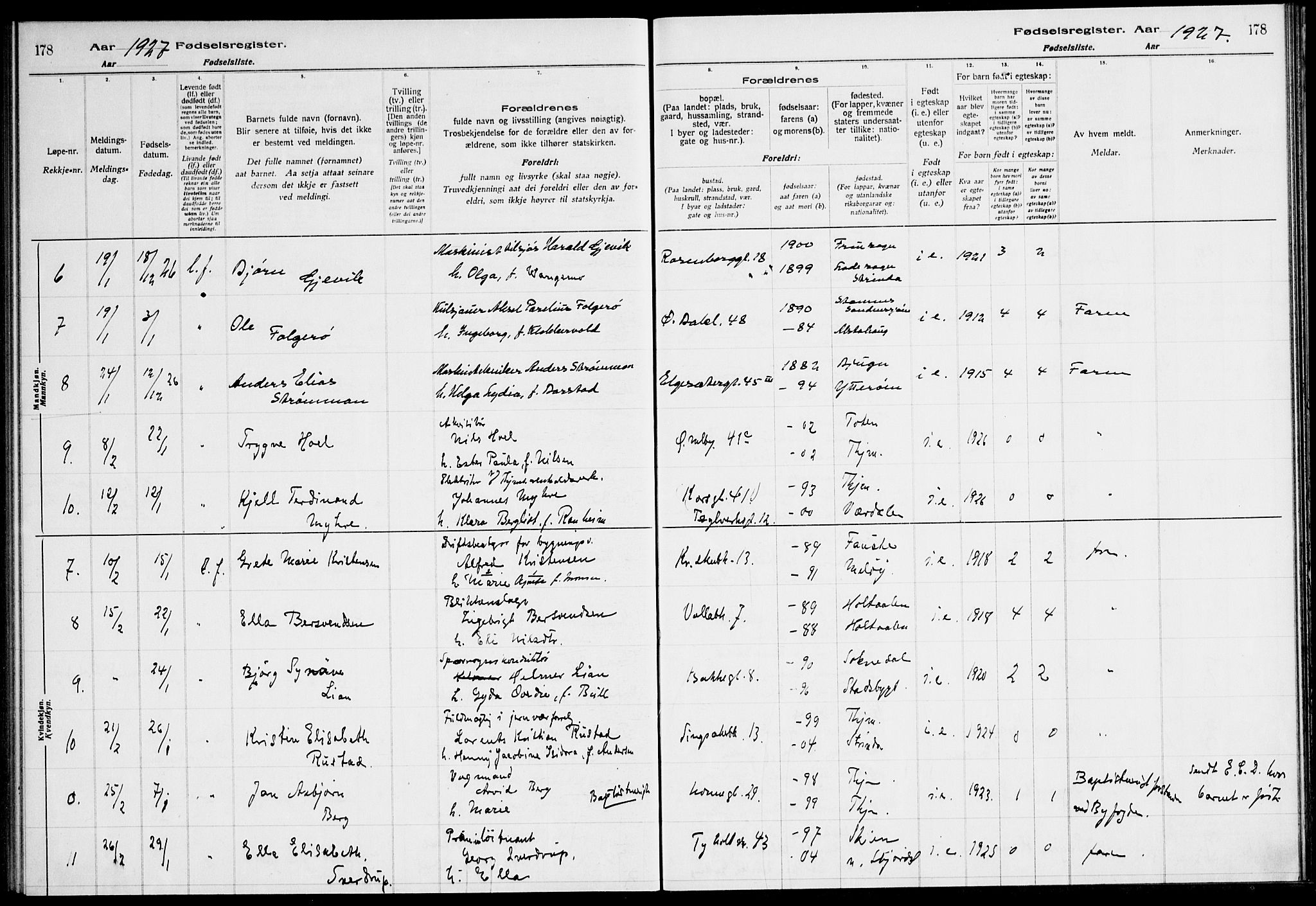Ministerialprotokoller, klokkerbøker og fødselsregistre - Sør-Trøndelag, SAT/A-1456/604/L0233: Fødselsregister nr. 604.II.4.2, 1920-1928, s. 178