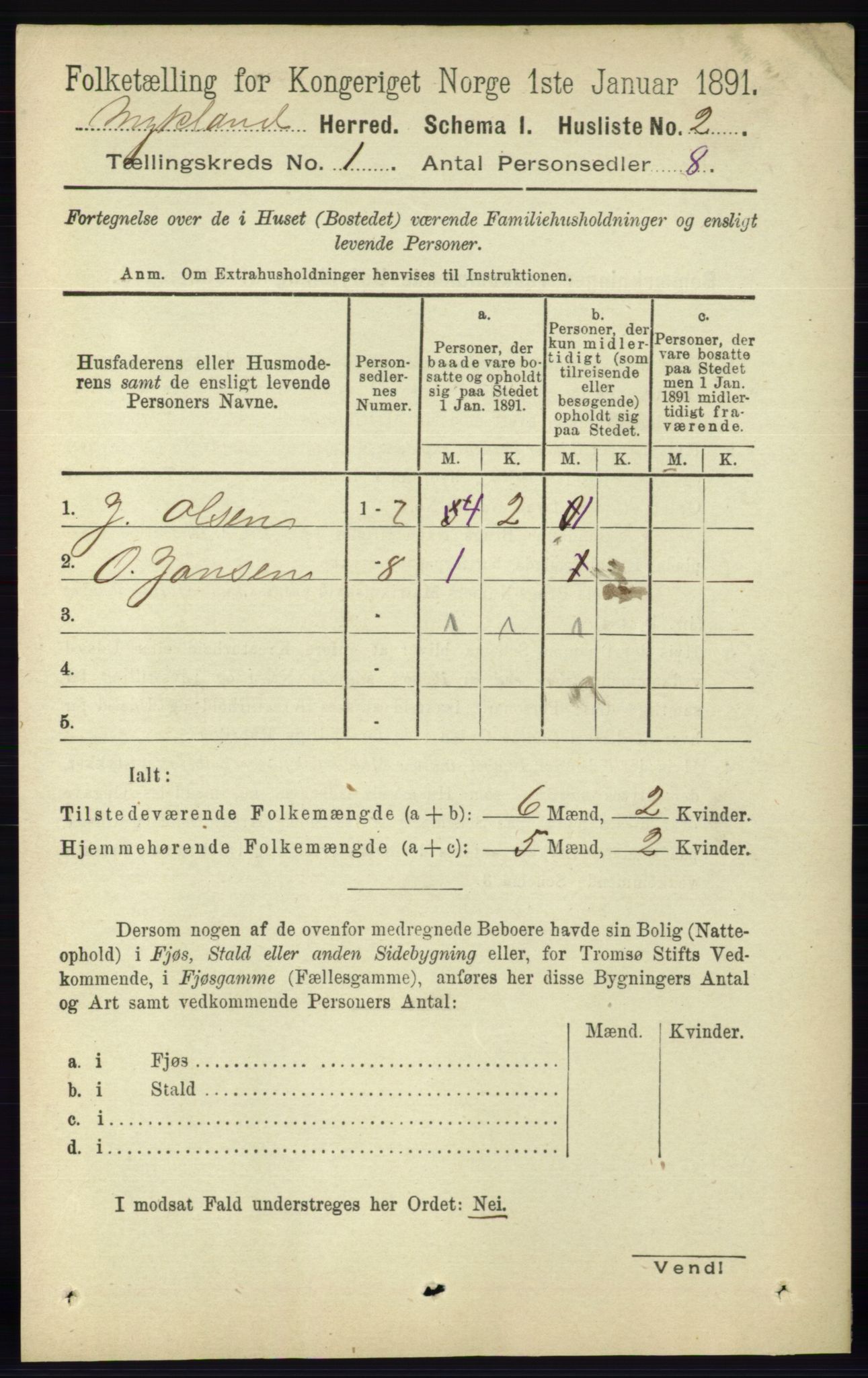 RA, Folketelling 1891 for 0932 Mykland herred, 1891, s. 13