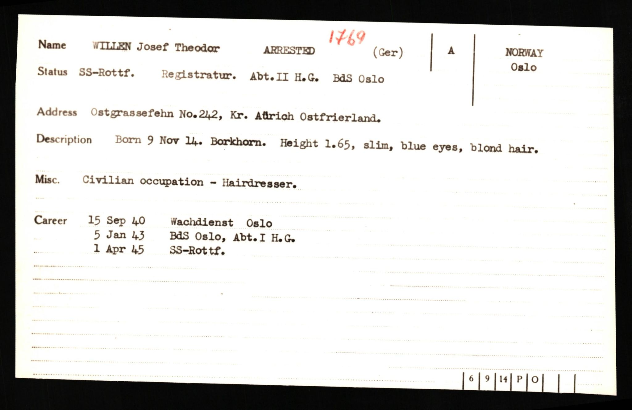 Forsvaret, Forsvarets overkommando II, AV/RA-RAFA-3915/D/Db/L0036: CI Questionaires. Tyske okkupasjonsstyrker i Norge. Tyskere., 1945-1946, s. 92