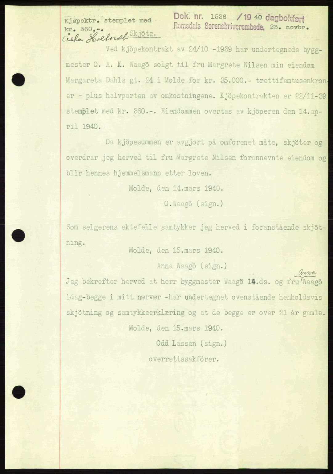 Romsdal sorenskriveri, SAT/A-4149/1/2/2C: Pantebok nr. A9, 1940-1941, Dagboknr: 1526/1940