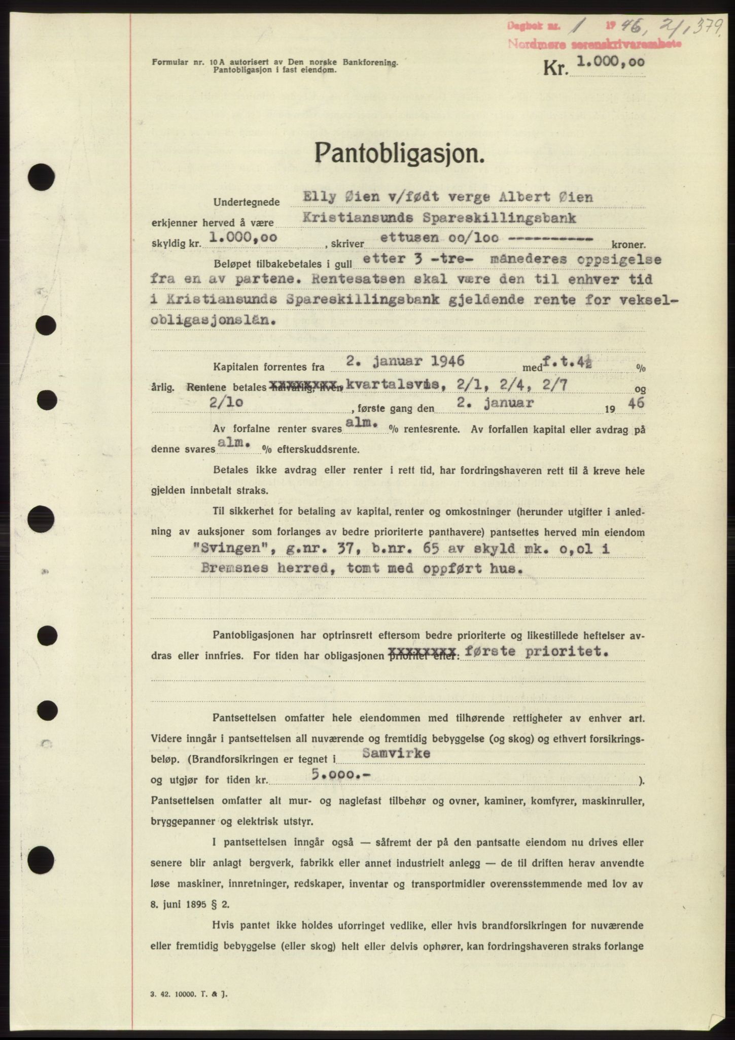 Nordmøre sorenskriveri, SAT/A-4132/1/2/2Ca: Pantebok nr. B93b, 1946-1946, Dagboknr: 1/1946