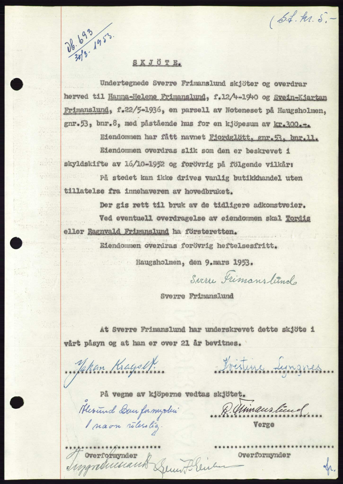 Søre Sunnmøre sorenskriveri, AV/SAT-A-4122/1/2/2C/L0094: Pantebok nr. 20A, 1953-1953, Dagboknr: 693/1953