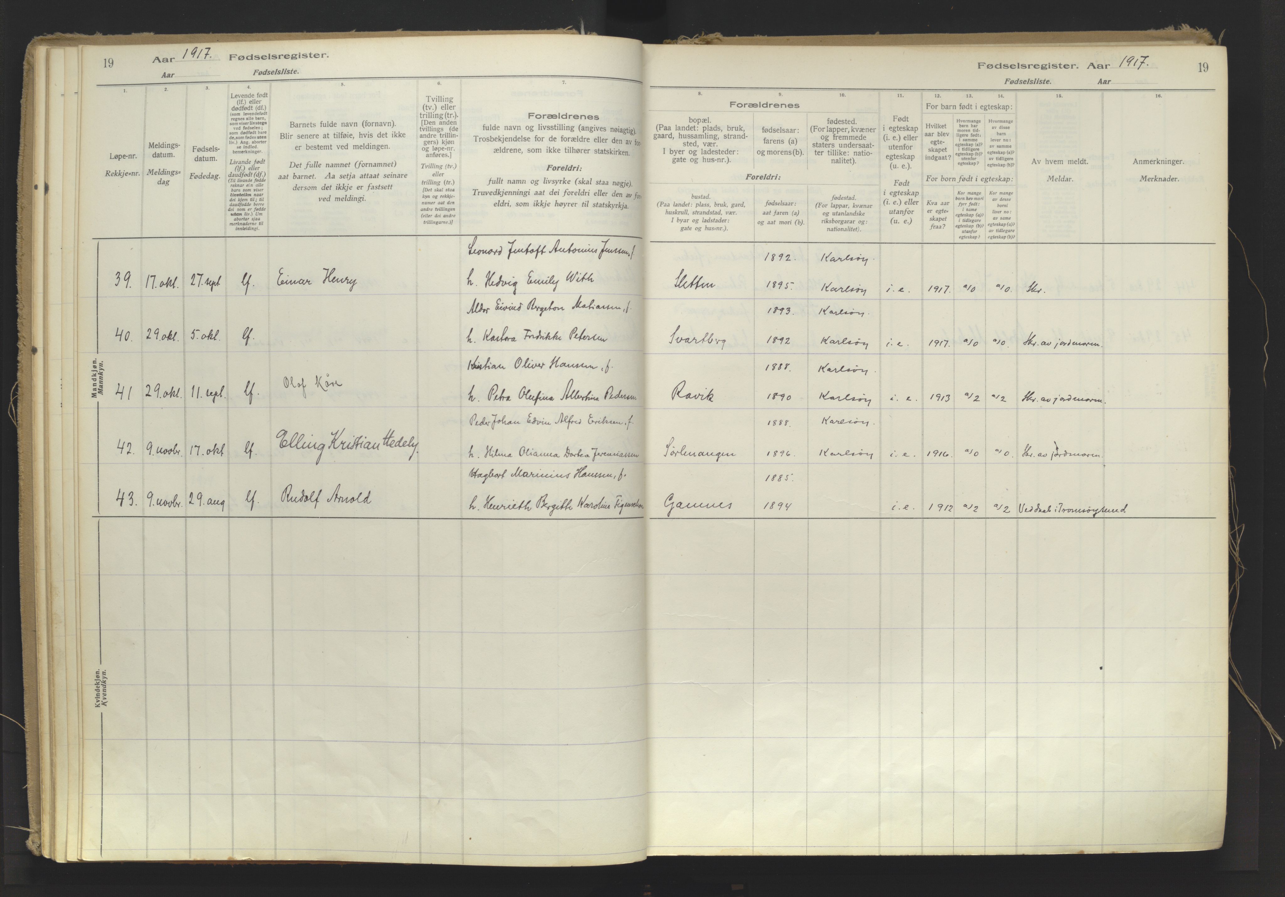 Karlsøy sokneprestembete, AV/SATØ-S-1299/I/Ic/L0064: Fødselsregister nr. 64, 1916-1943, s. 19