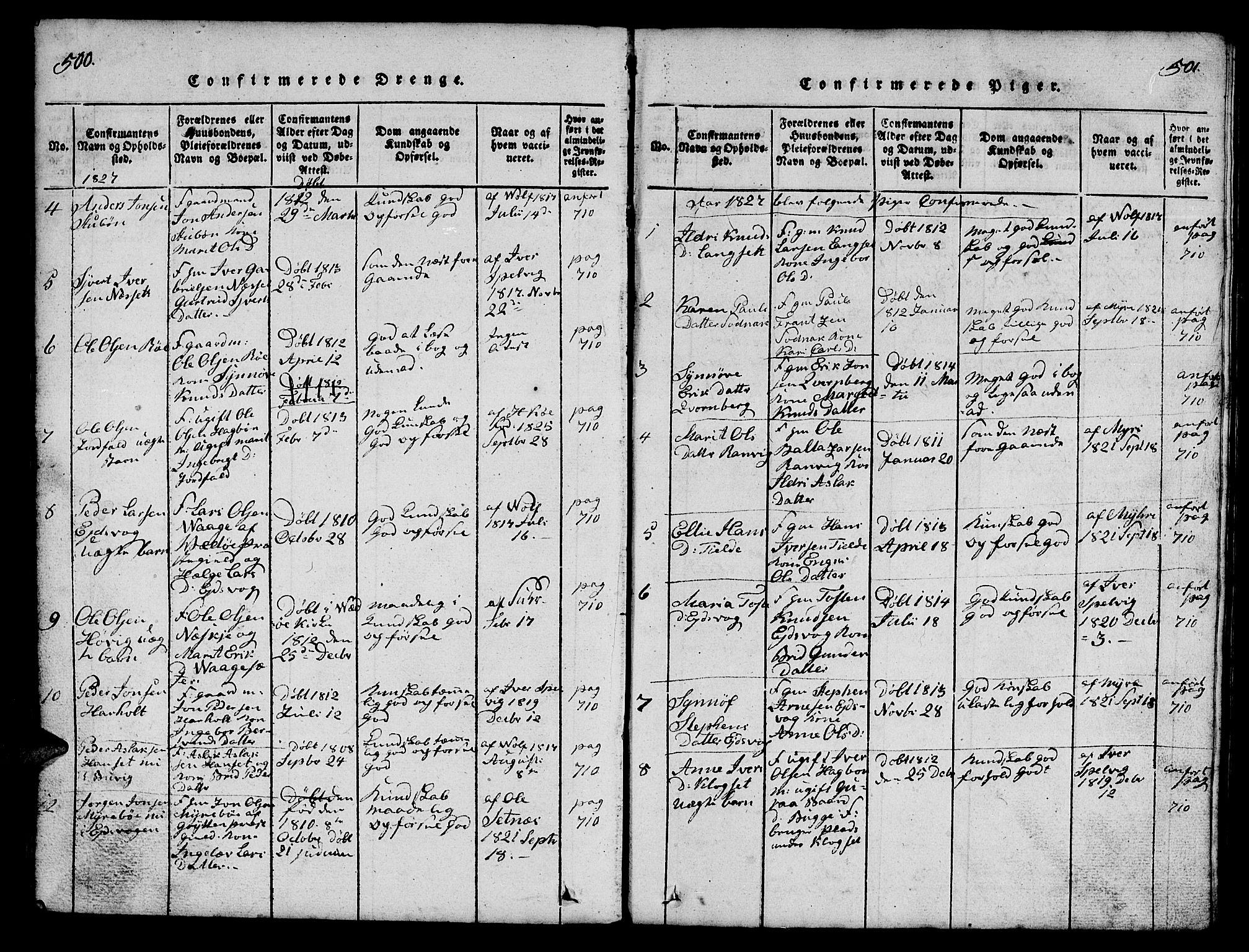 Ministerialprotokoller, klokkerbøker og fødselsregistre - Møre og Romsdal, AV/SAT-A-1454/551/L0629: Klokkerbok nr. 551C01, 1818-1839, s. 500-501