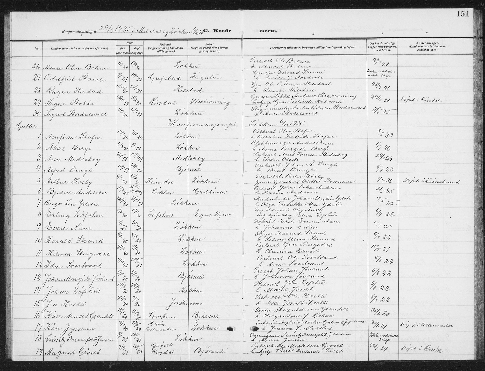 Ministerialprotokoller, klokkerbøker og fødselsregistre - Sør-Trøndelag, AV/SAT-A-1456/672/L0866: Klokkerbok nr. 672C05, 1929-1939, s. 151