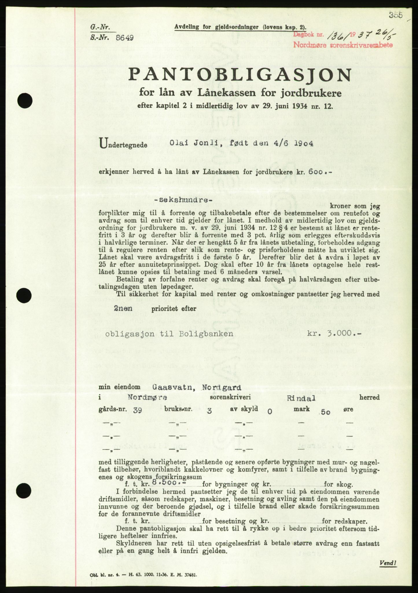 Nordmøre sorenskriveri, AV/SAT-A-4132/1/2/2Ca/L0091: Pantebok nr. B81, 1937-1937, Dagboknr: 1361/1937