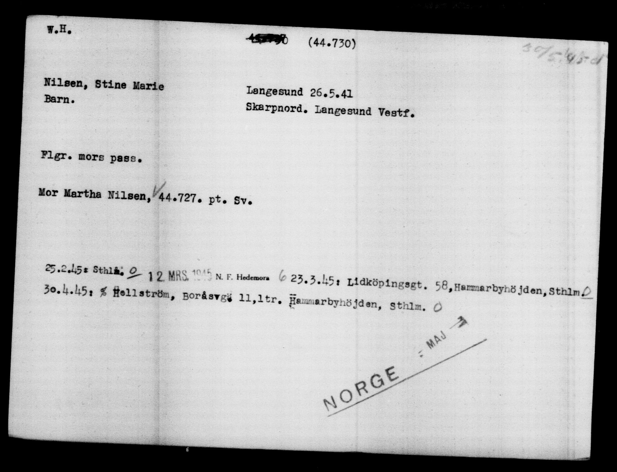 Utenriksstasjonene, Legasjonen i Stockholm, Flyktningkontoret, AV/RA-S-6753/V/Va/L0017: Kjesäterkartoteket, flyktninger med registreringsnr. 43400-46318, 1940-1945, s. 1396