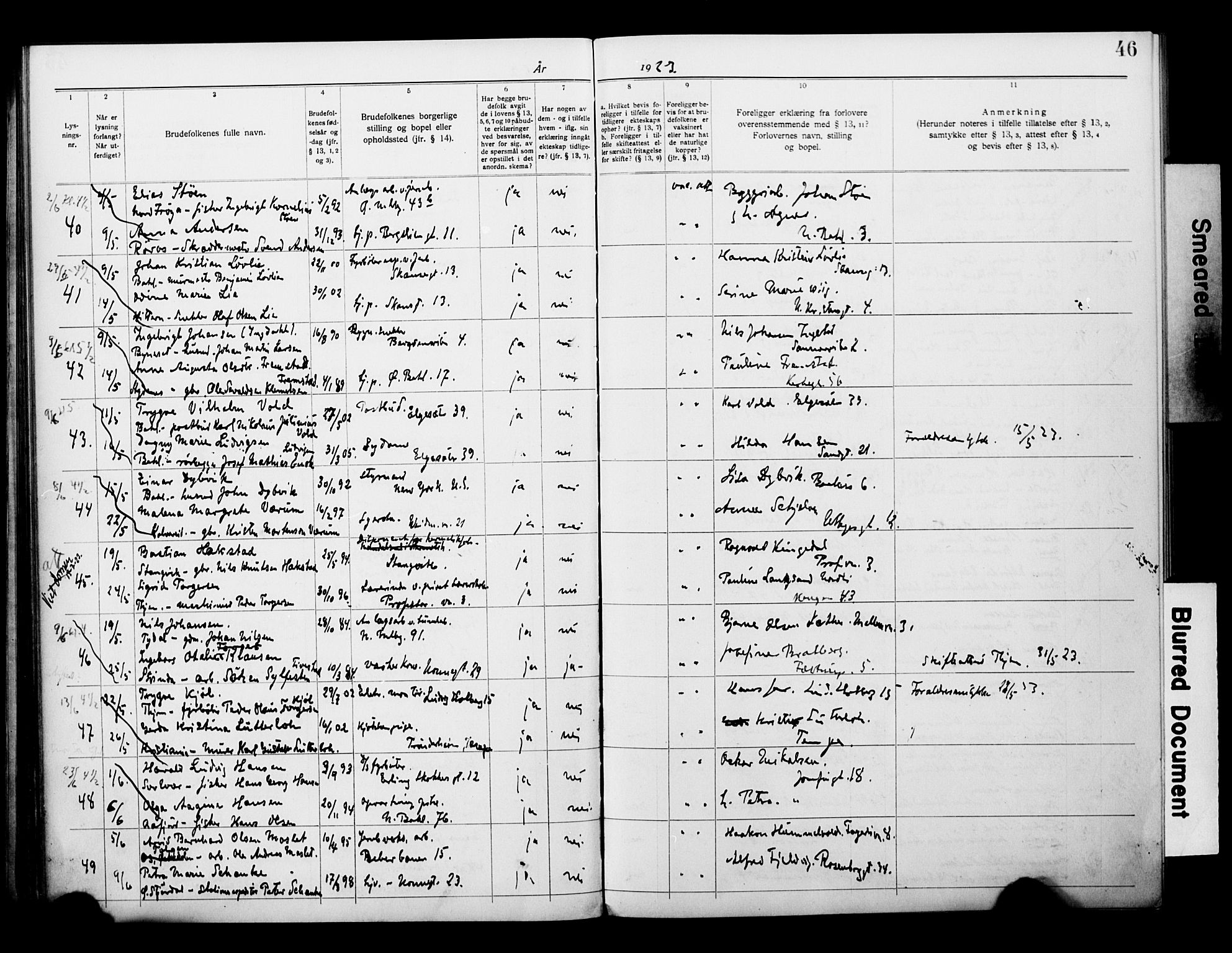 Ministerialprotokoller, klokkerbøker og fødselsregistre - Sør-Trøndelag, SAT/A-1456/604/L0196: Lysningsprotokoll nr. 604A17, 1919-1927, s. 46