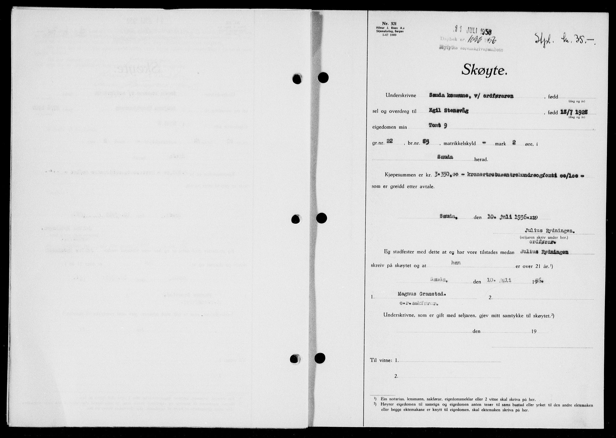 Ryfylke tingrett, SAST/A-100055/001/II/IIB/L0134: Pantebok nr. 113, 1956-1956, Dagboknr: 1096/1956