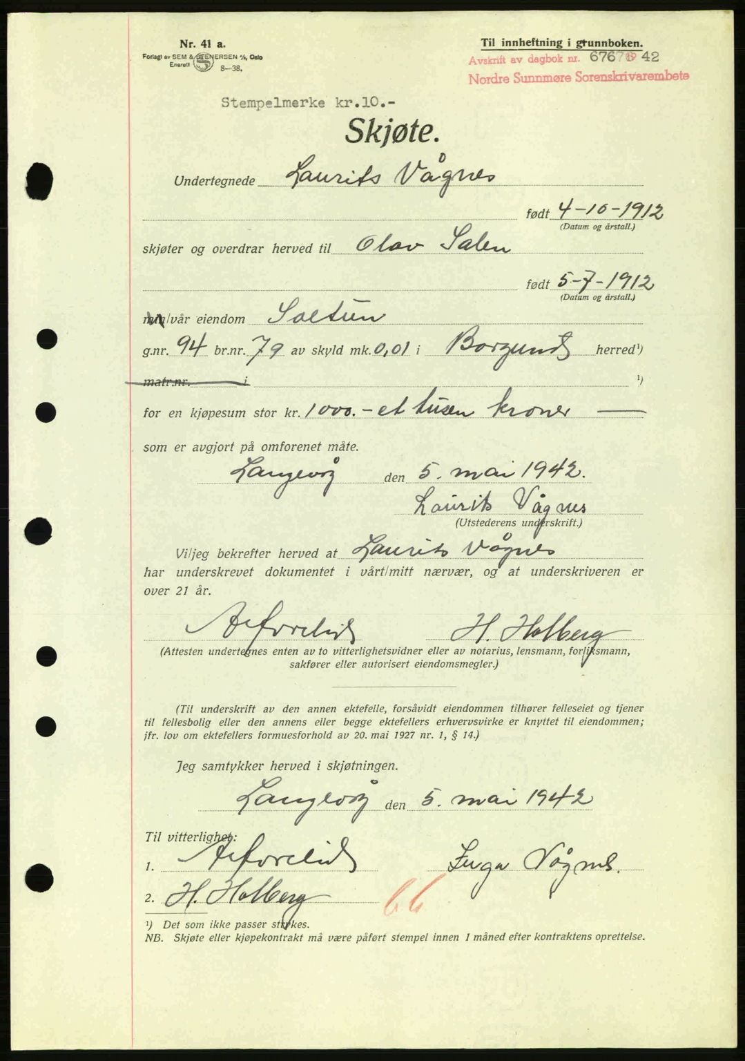 Nordre Sunnmøre sorenskriveri, AV/SAT-A-0006/1/2/2C/2Ca: Pantebok nr. A13, 1942-1942, Dagboknr: 676/1942