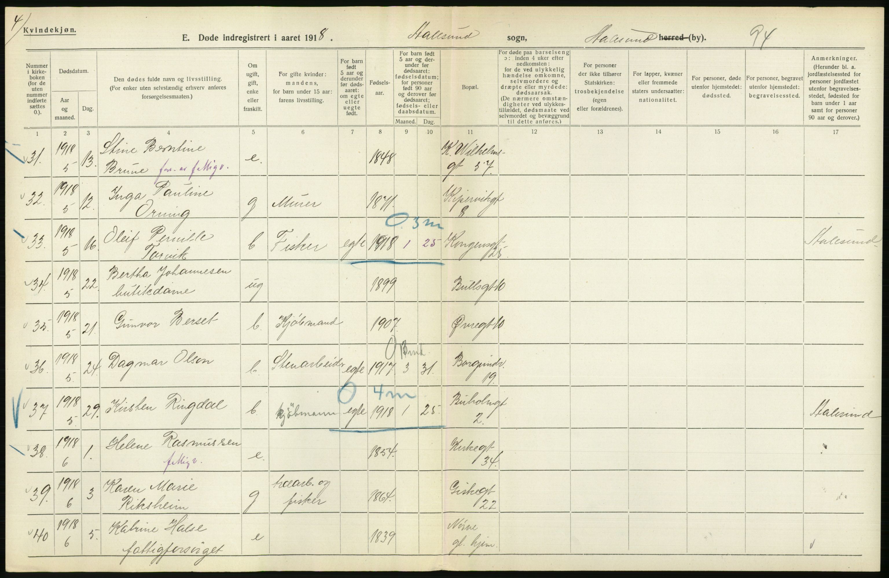 Statistisk sentralbyrå, Sosiodemografiske emner, Befolkning, AV/RA-S-2228/D/Df/Dfb/Dfbh/L0045: Møre fylke: Døde. Bygder og byer., 1918, s. 642