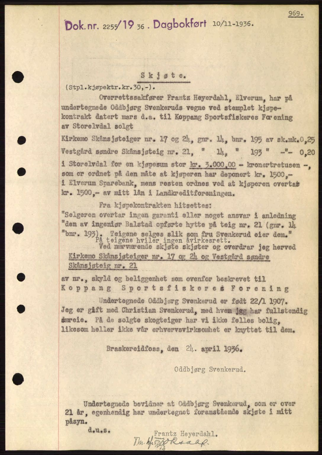 Sør-Østerdal sorenskriveri, SAH/TING-018/H/Hb/Hbb/L0054: Pantebok nr. A54, 1936-1936, Dagboknr: 2255/1936