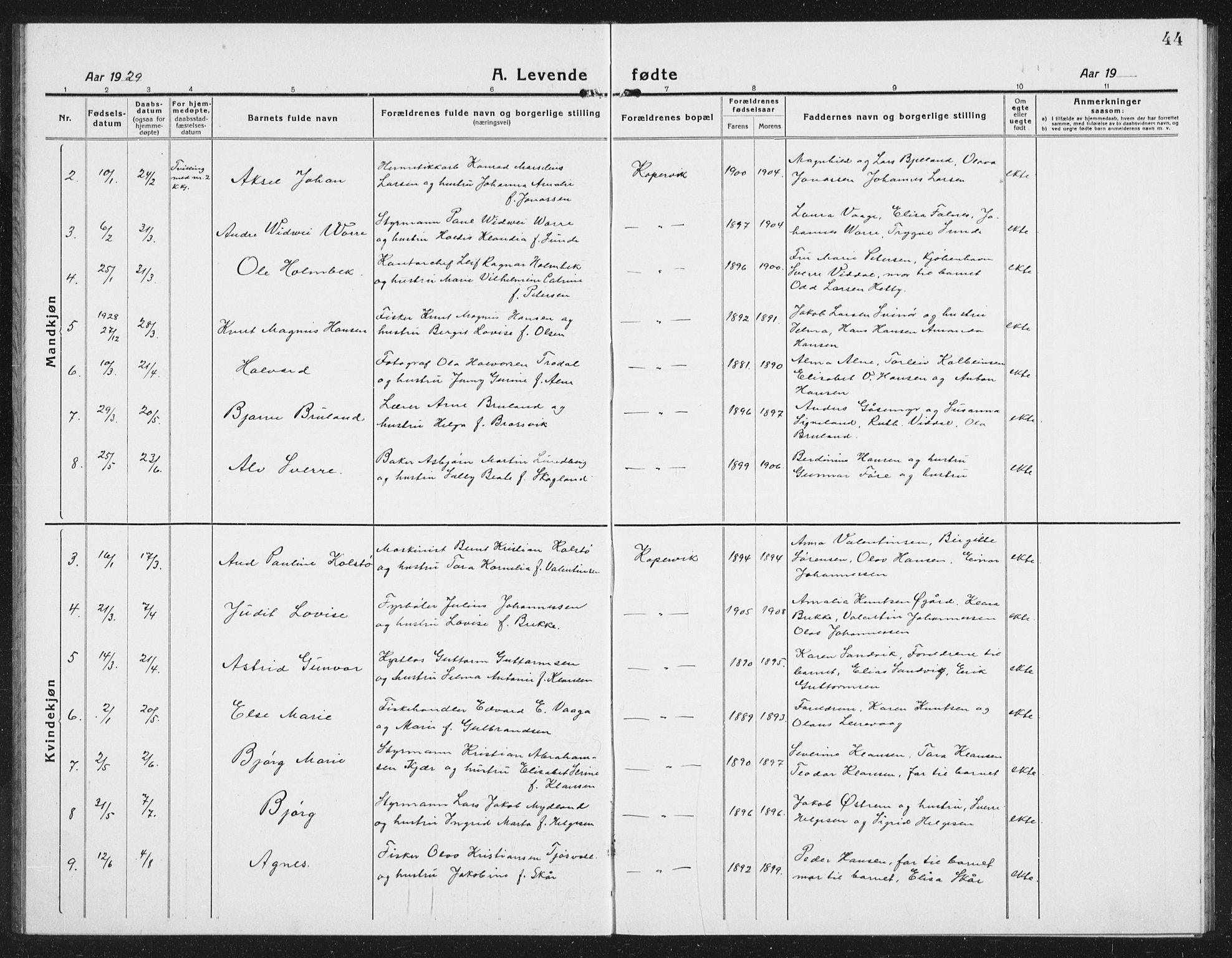 Kopervik sokneprestkontor, SAST/A-101850/H/Ha/Hab/L0006: Klokkerbok nr. B 6, 1918-1942, s. 44