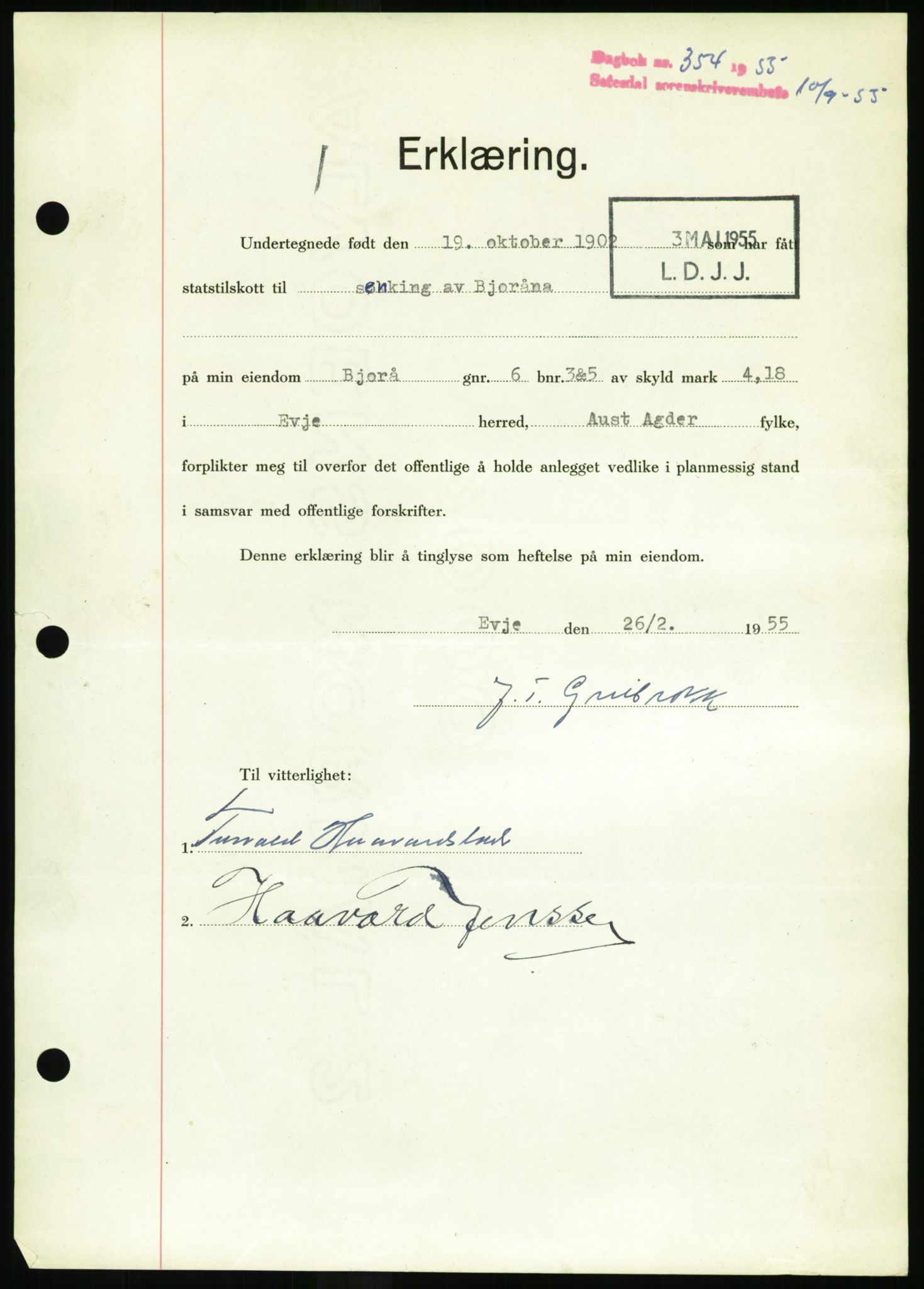 Setesdal sorenskriveri, SAK/1221-0011/G/Gb/L0052: Pantebok nr. B 40, 1954-1955, Dagboknr: 354/1955