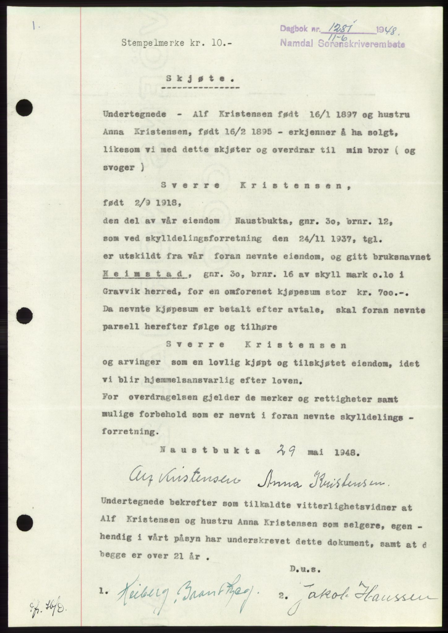 Namdal sorenskriveri, SAT/A-4133/1/2/2C: Pantebok nr. -, 1948-1948, Dagboknr: 1281/1948