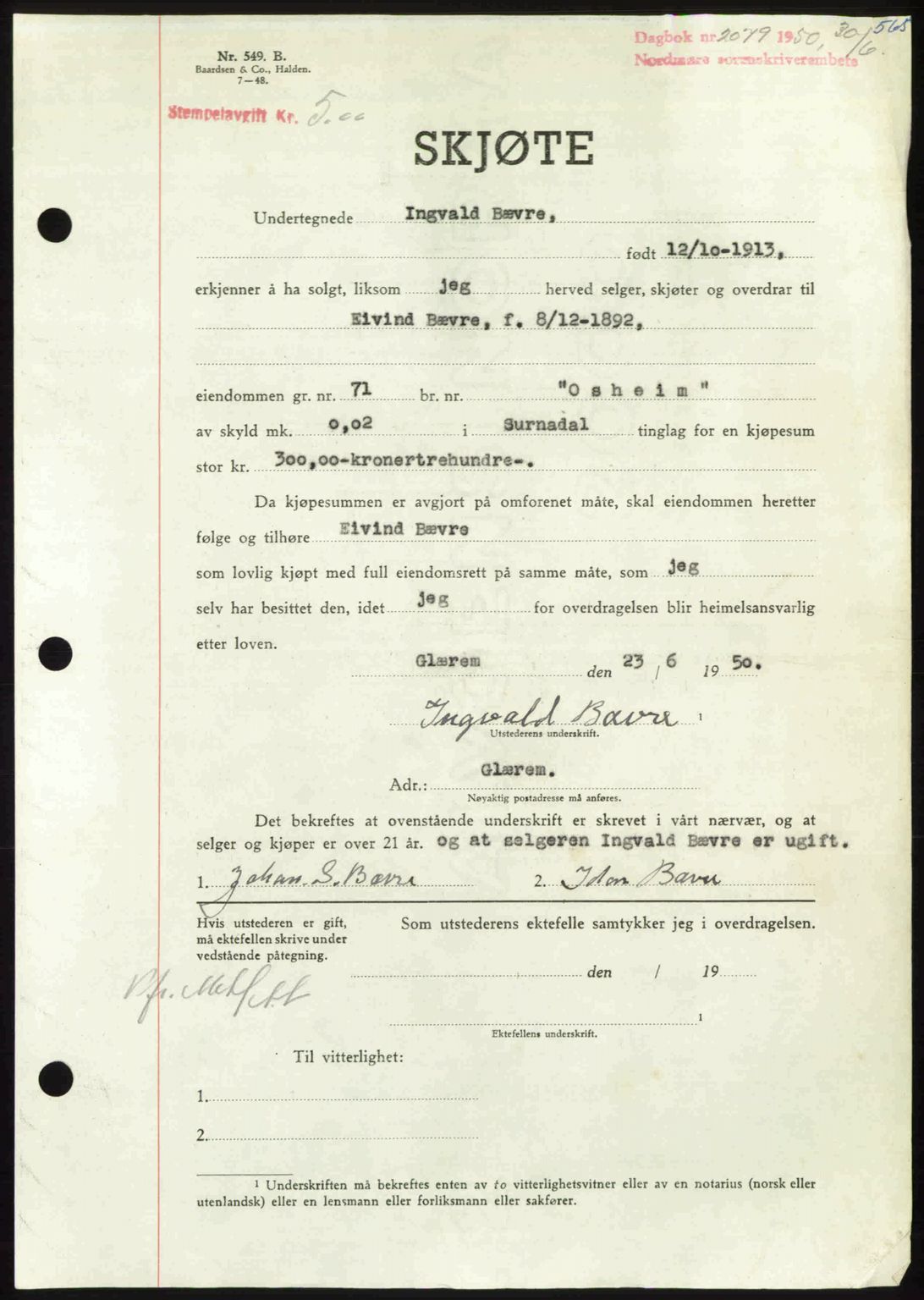 Nordmøre sorenskriveri, AV/SAT-A-4132/1/2/2Ca: Pantebok nr. A115, 1950-1950, Dagboknr: 2079/1950