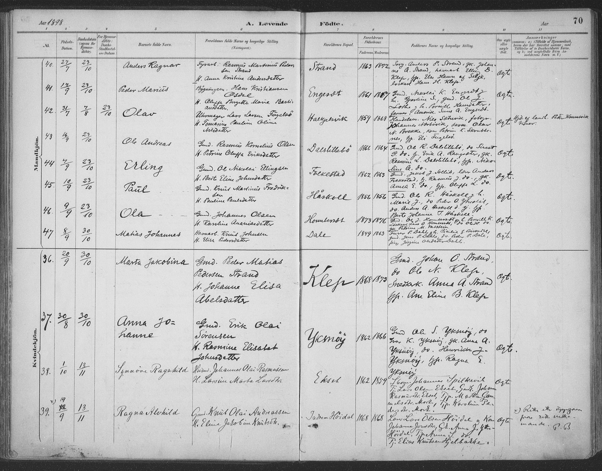 Ministerialprotokoller, klokkerbøker og fødselsregistre - Møre og Romsdal, AV/SAT-A-1454/511/L0142: Ministerialbok nr. 511A09, 1891-1905, s. 70