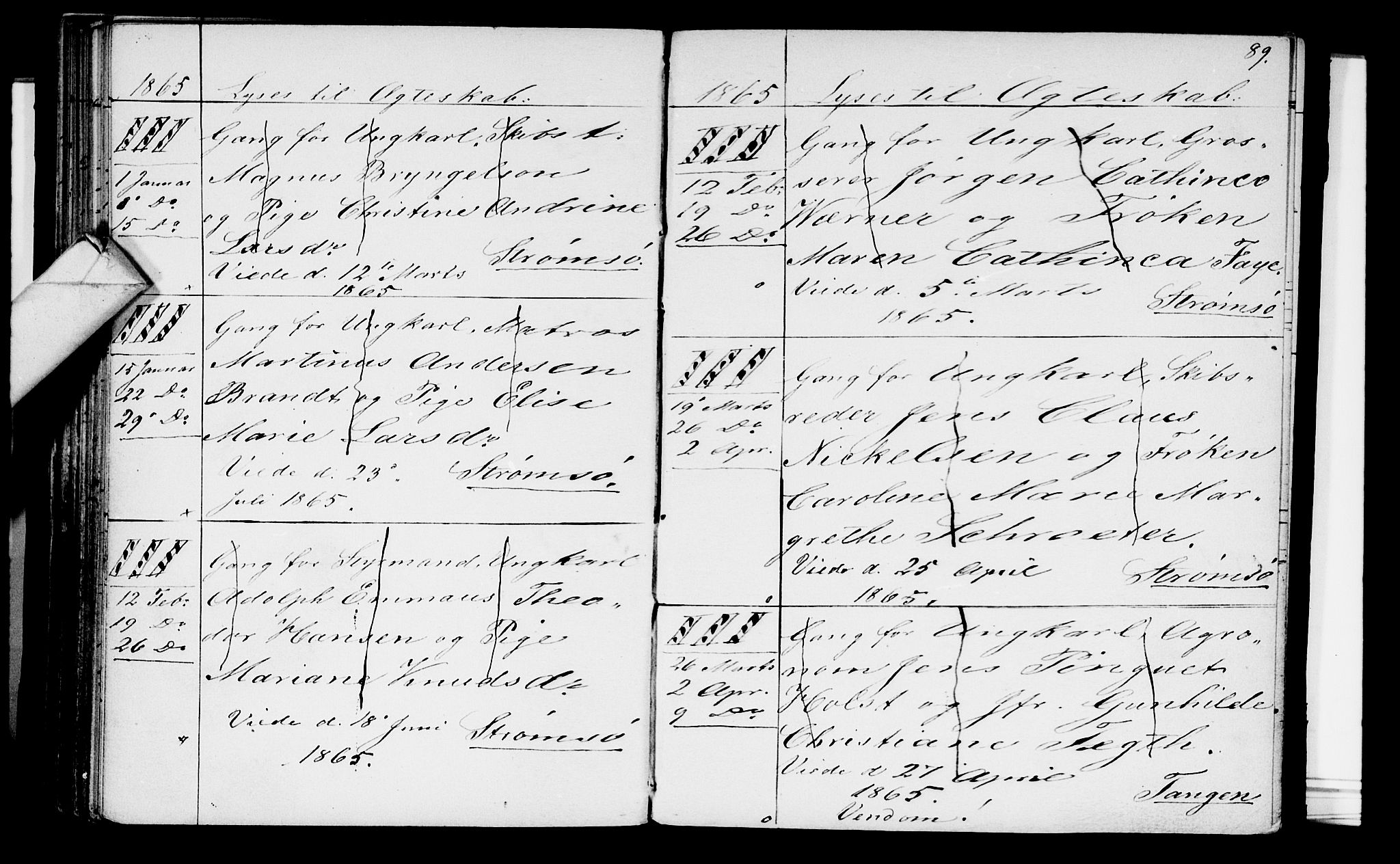 Strømsø kirkebøker, AV/SAKO-A-246/H/Ha/L0002: Lysningsprotokoll nr. 2, 1850-1866, s. 89
