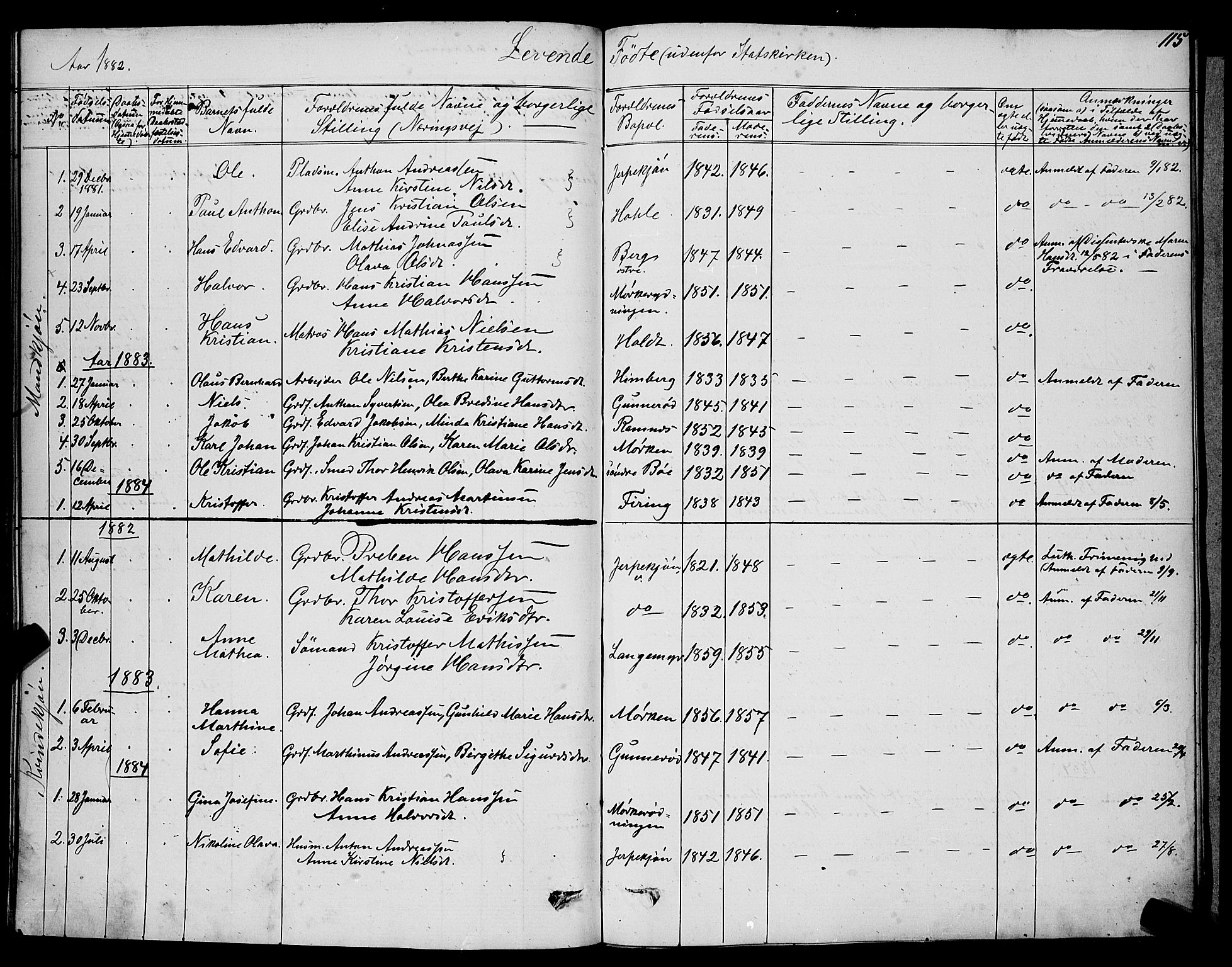 Ramnes kirkebøker, AV/SAKO-A-314/G/Ga/L0003: Klokkerbok nr. I 3, 1870-1896, s. 115