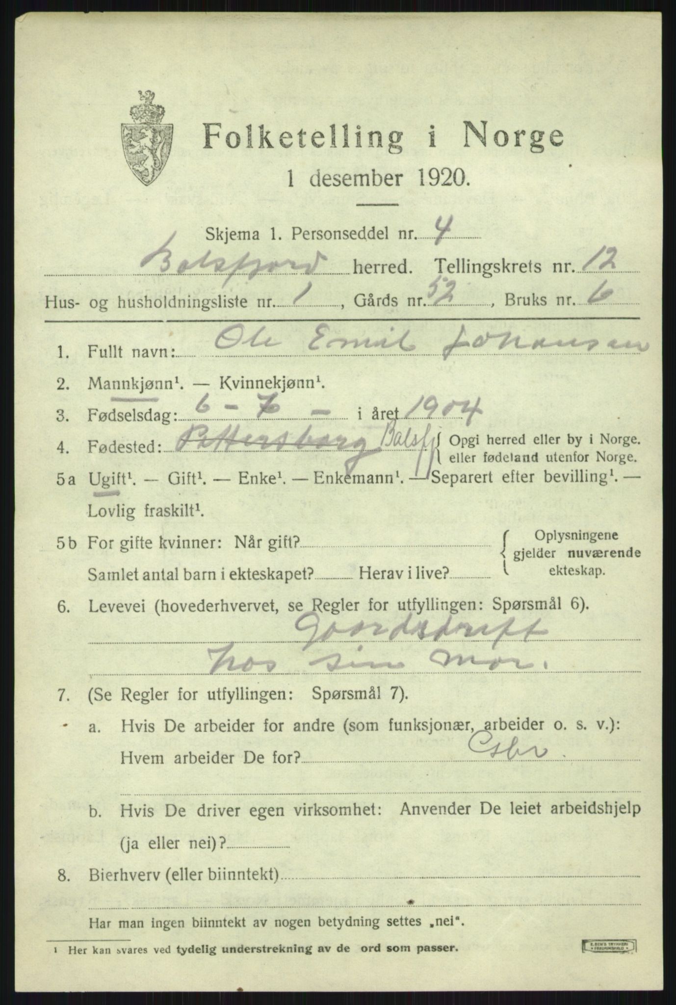 SATØ, Folketelling 1920 for 1933 Balsfjord herred, 1920, s. 7215