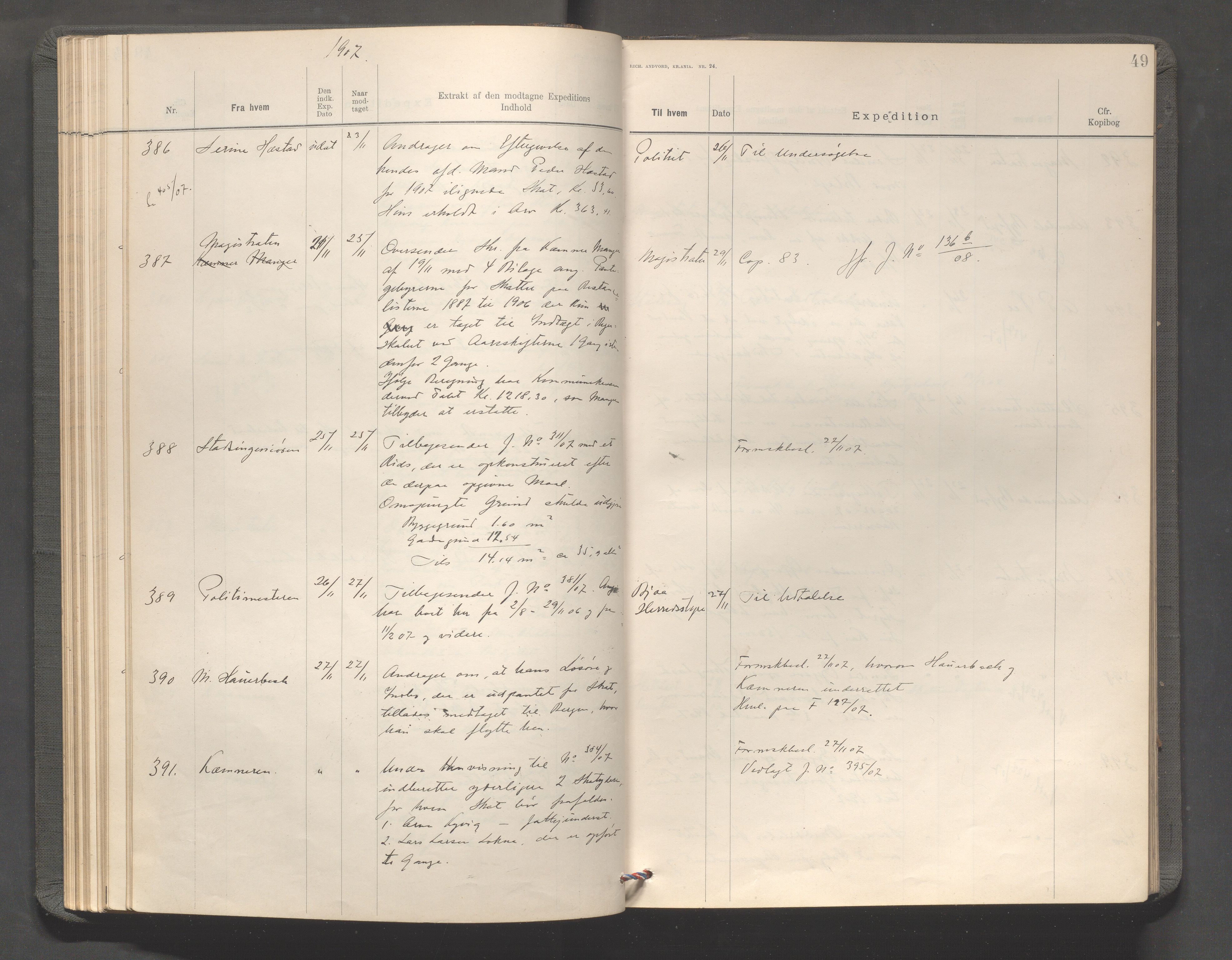 Haugesund kommune - Formannskapet, IKAR/X-0001/C/L0003: Journal, 1907-1910, s. 49