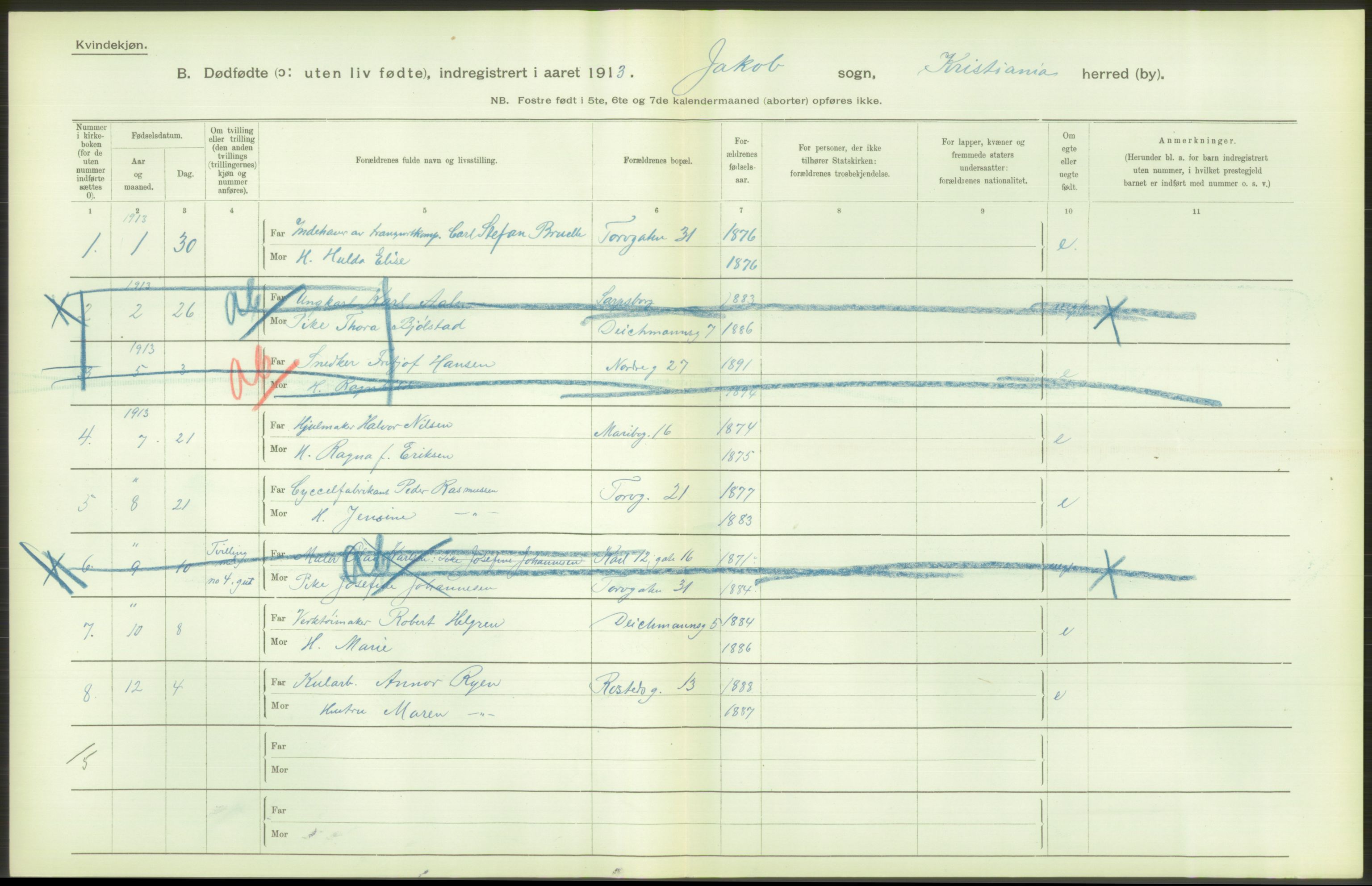 Statistisk sentralbyrå, Sosiodemografiske emner, Befolkning, RA/S-2228/D/Df/Dfb/Dfbc/L0010: Kristiania: Døde, dødfødte., 1913, s. 156