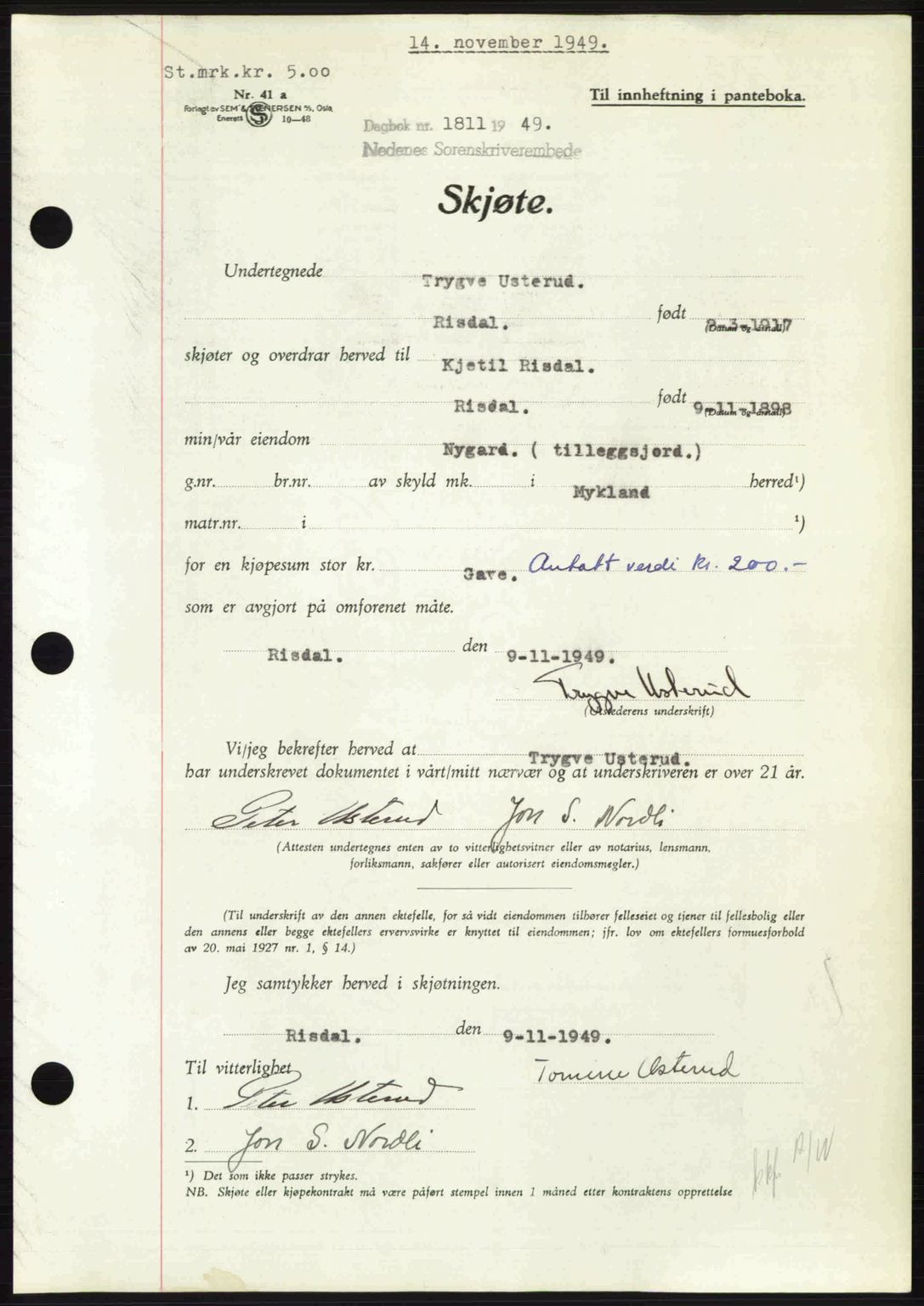 Nedenes sorenskriveri, SAK/1221-0006/G/Gb/Gba/L0061: Pantebok nr. A13, 1949-1949, Dagboknr: 1811/1949