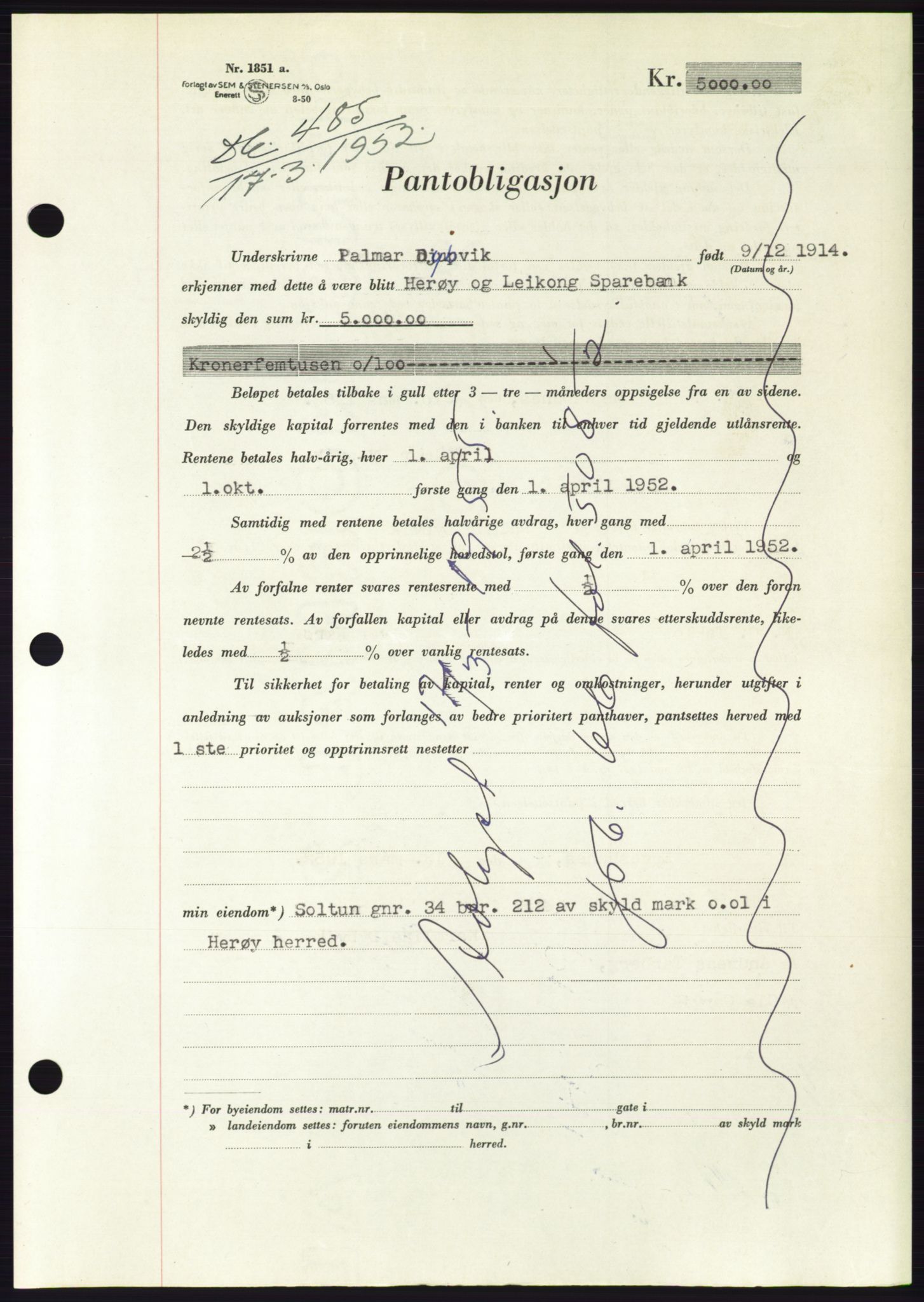 Søre Sunnmøre sorenskriveri, AV/SAT-A-4122/1/2/2C/L0121: Pantebok nr. 9B, 1951-1952, Dagboknr: 485/1952