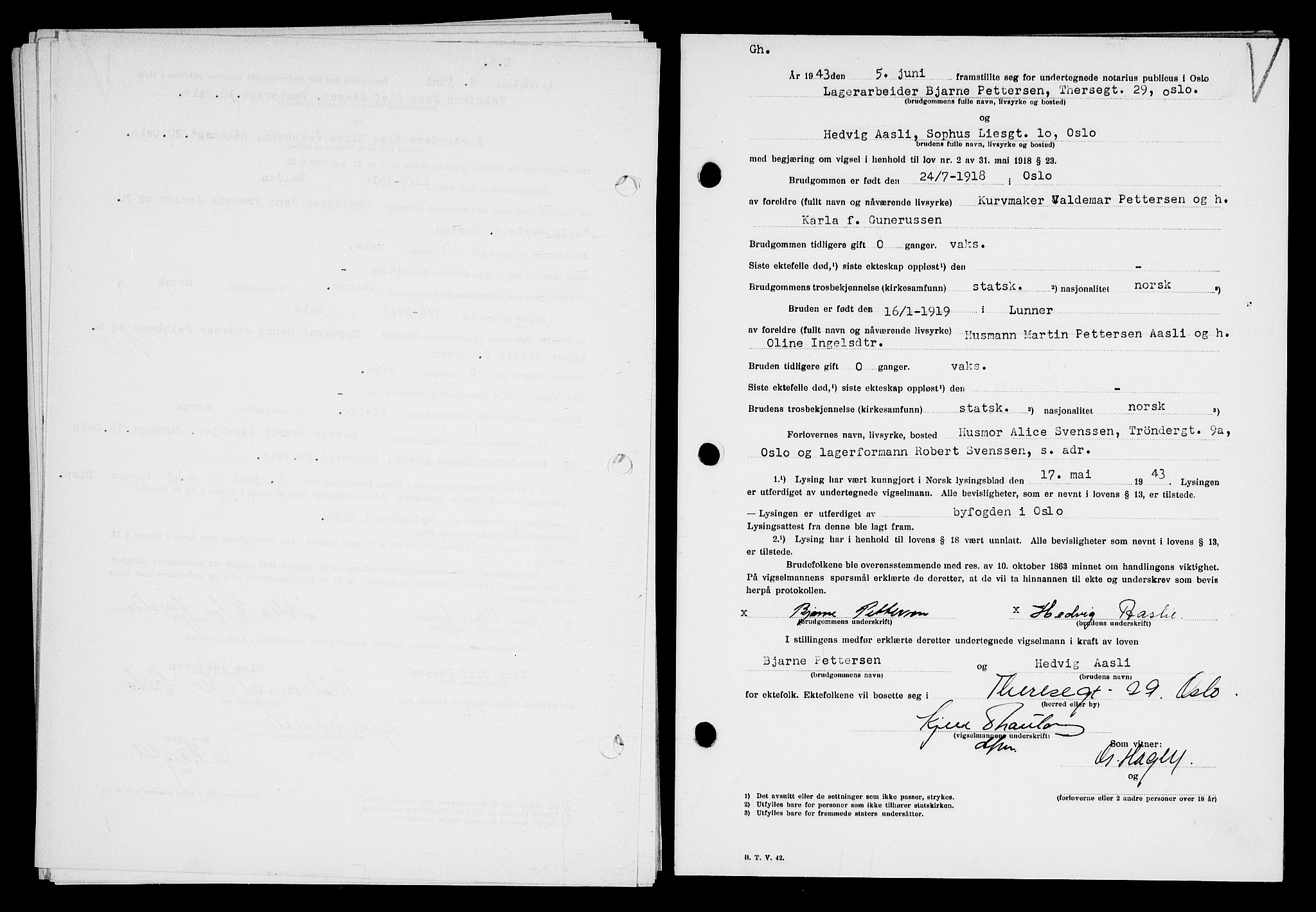 Oslo byfogd avd. I, AV/SAO-A-10220/L/Lb/Lbb/L0045: Notarialprotokoll, rekke II: Vigsler, 1943