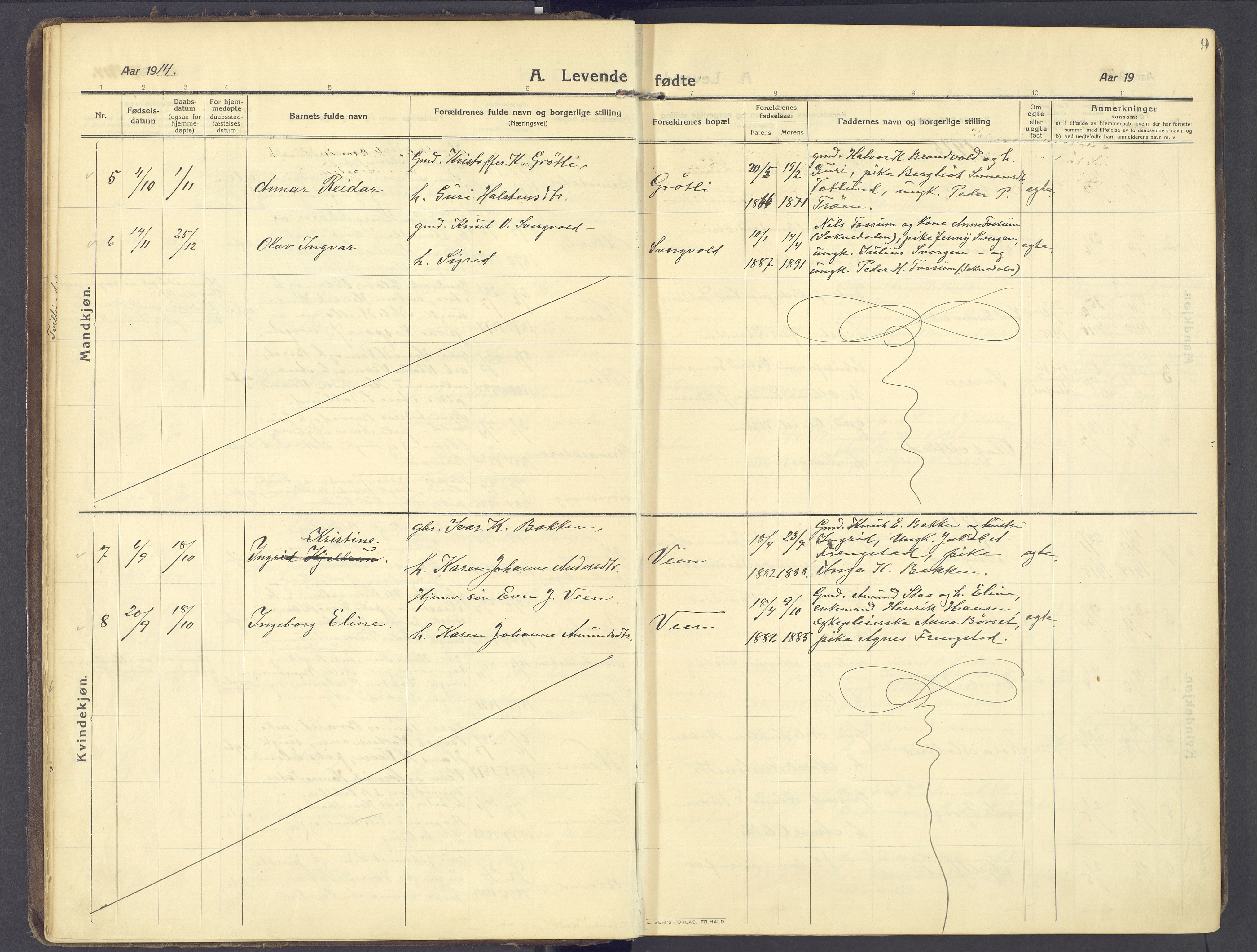 Kvikne prestekontor, AV/SAH-PREST-064/H/Ha/Haa/L0009: Ministerialbok nr. 9, 1911-1942, s. 9