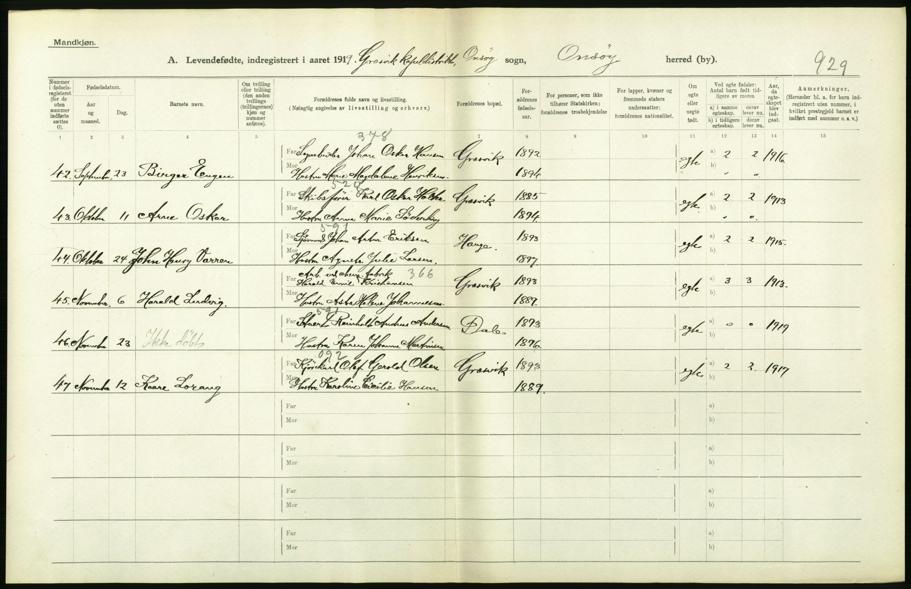 Statistisk sentralbyrå, Sosiodemografiske emner, Befolkning, RA/S-2228/D/Df/Dfb/Dfbi/L0001: Østfold fylke: Levendefødte menn og kvinner. Bygder., 1919, s. 358