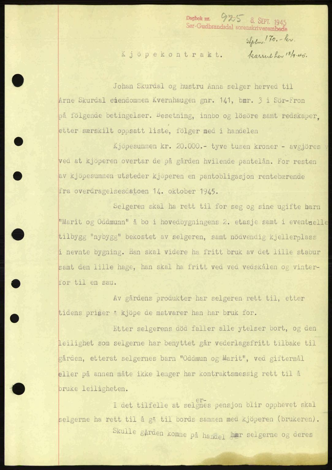 Sør-Gudbrandsdal tingrett, SAH/TING-004/H/Hb/Hbd/L0014: Pantebok nr. A14, 1944-1945, Dagboknr: 925/1945