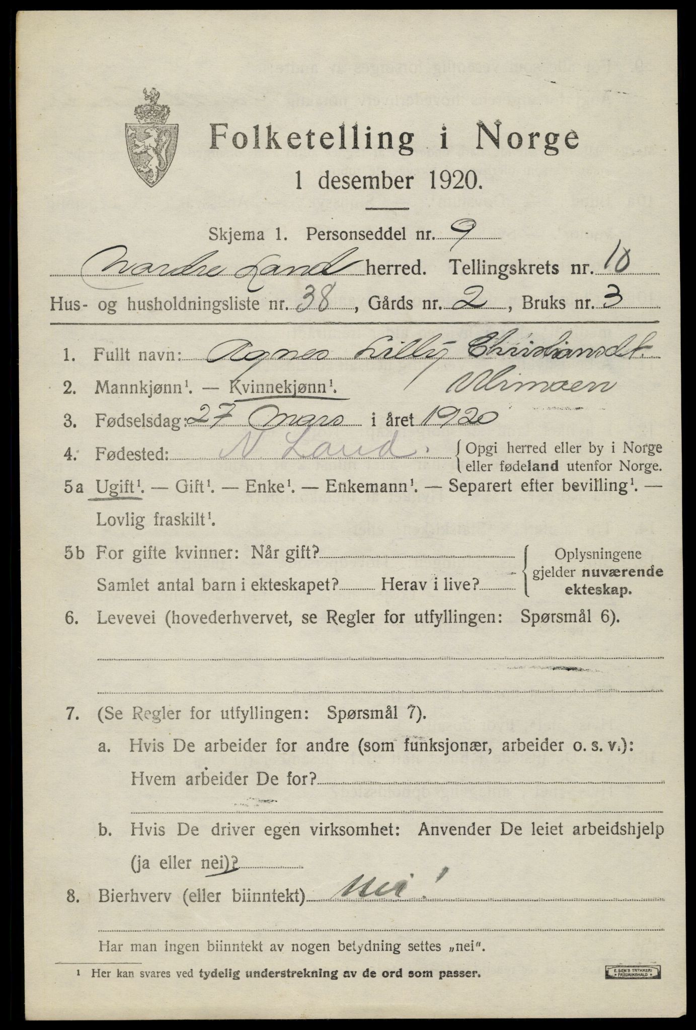 SAH, Folketelling 1920 for 0538 Nordre Land herred, 1920, s. 5640