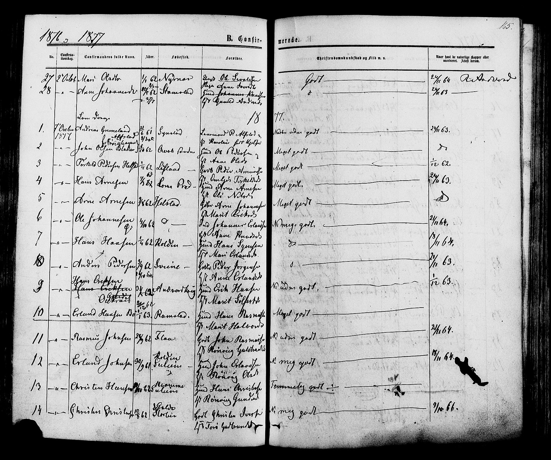 Lom prestekontor, AV/SAH-PREST-070/K/L0007: Ministerialbok nr. 7, 1863-1884, s. 165