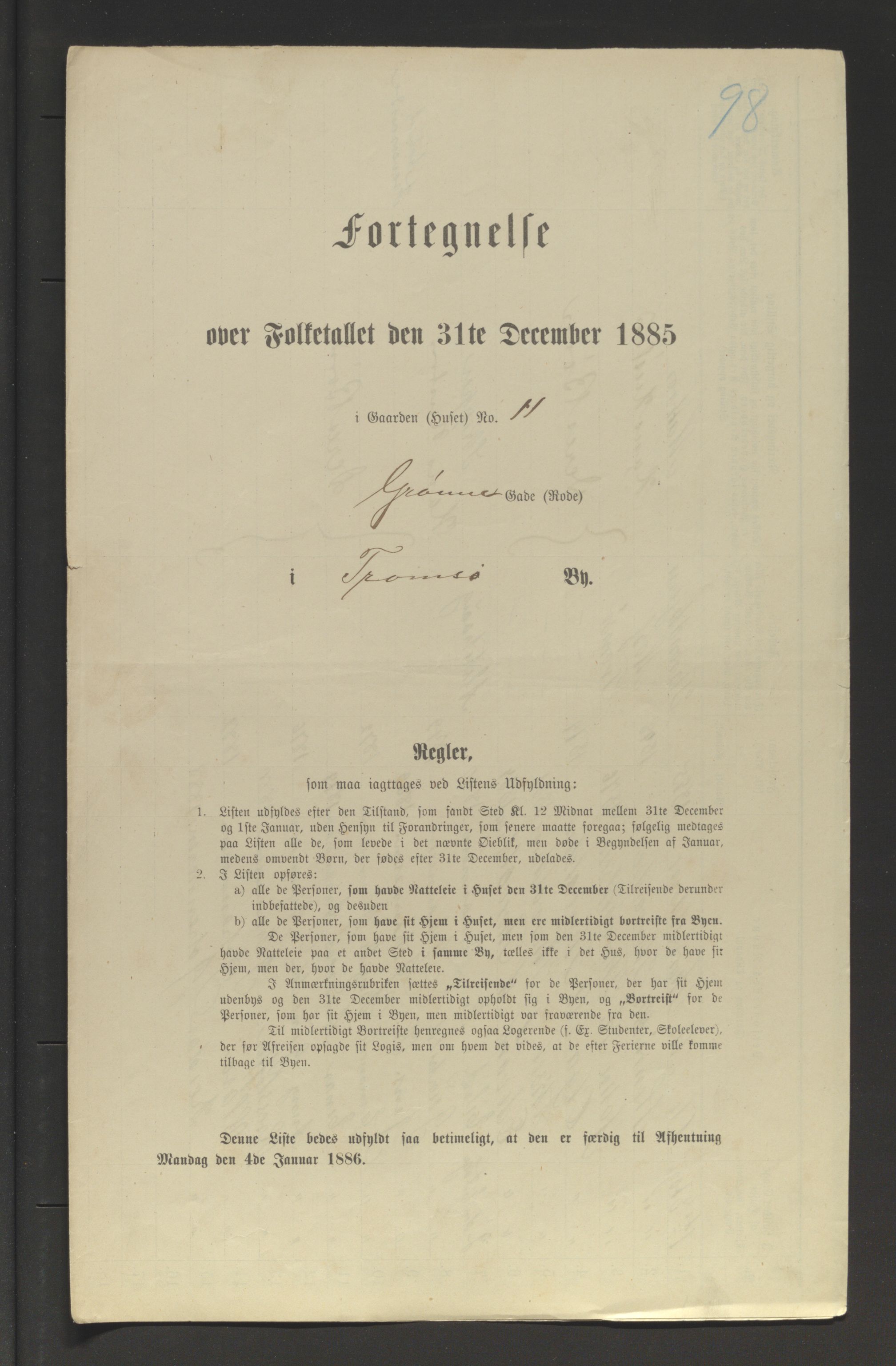 SATØ, Folketelling 1885 for 1902 Tromsø kjøpstad, 1885, s. 98a