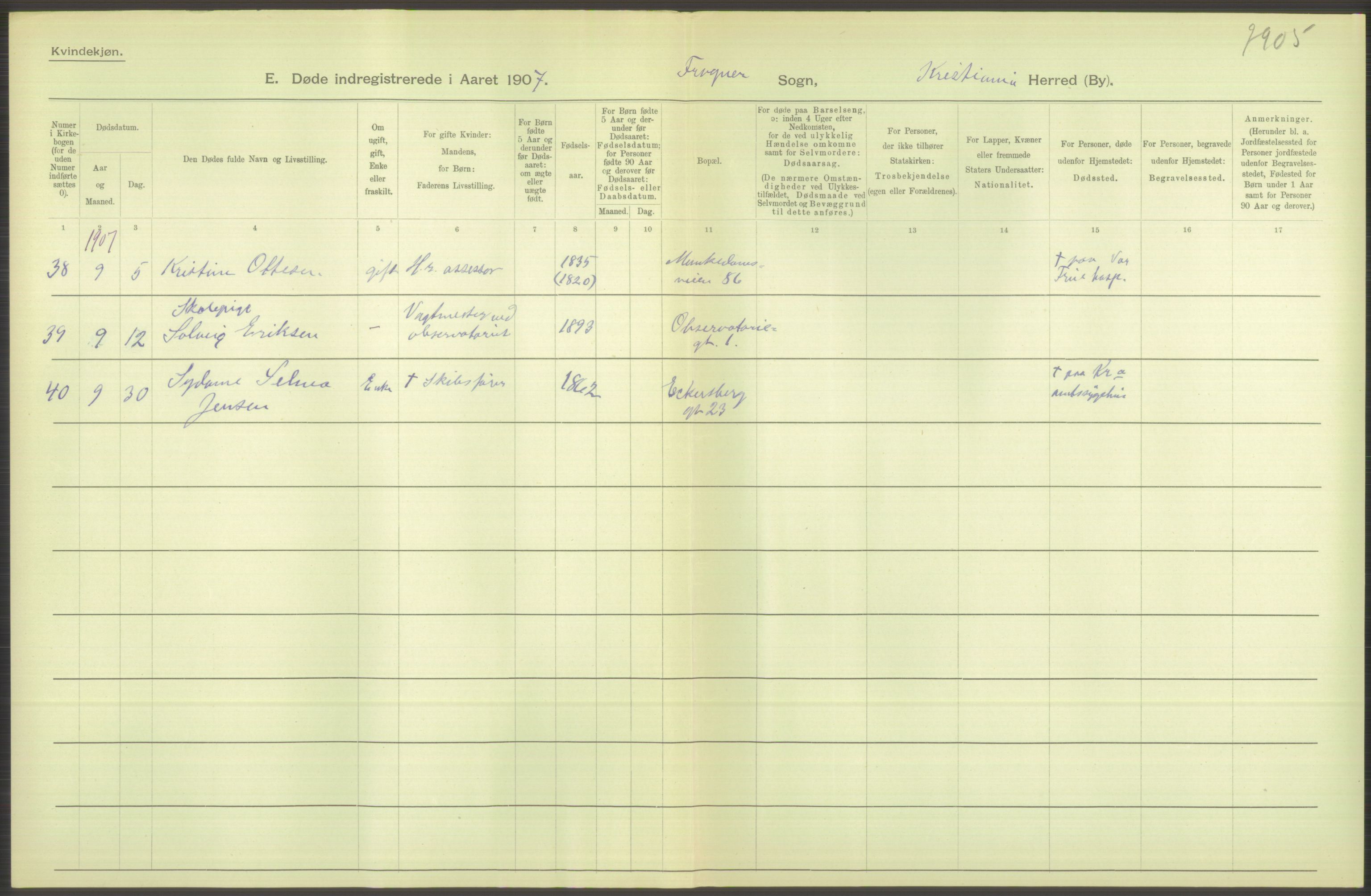 Statistisk sentralbyrå, Sosiodemografiske emner, Befolkning, AV/RA-S-2228/D/Df/Dfa/Dfae/L0009: Kristiania: Døde, 1907, s. 300