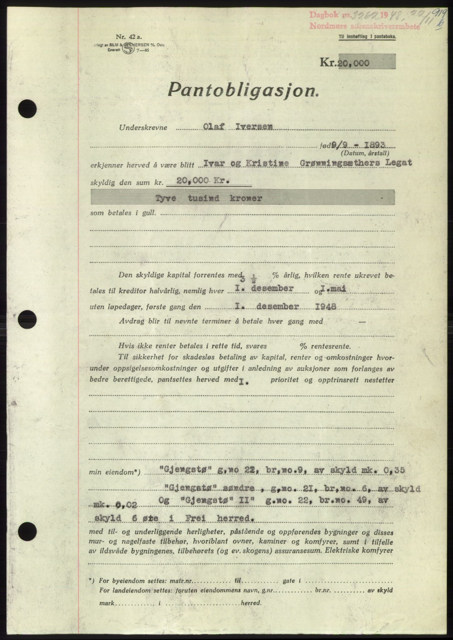 Nordmøre sorenskriveri, SAT/A-4132/1/2/2Ca: Pantebok nr. B100, 1948-1949, Dagboknr: 3262/1948