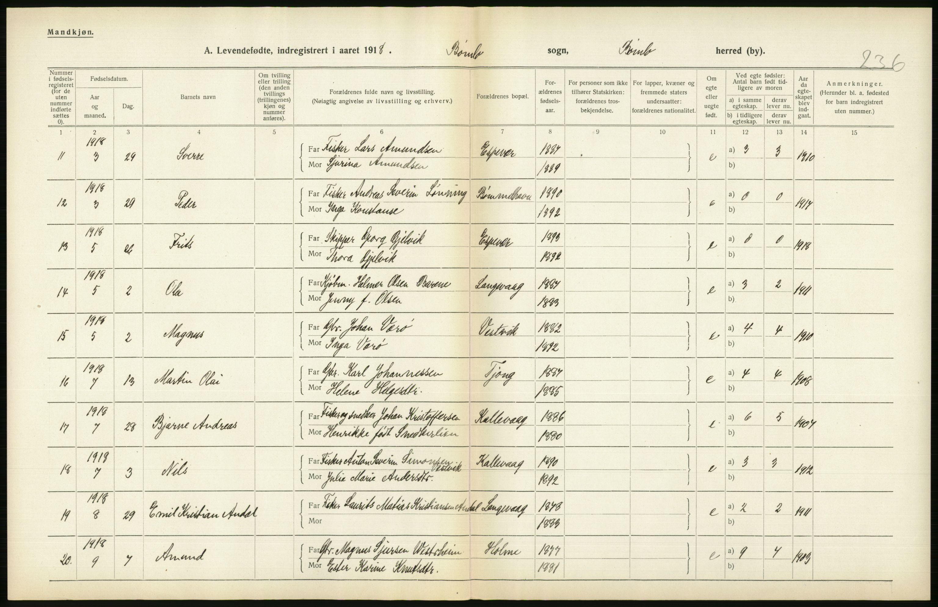 Statistisk sentralbyrå, Sosiodemografiske emner, Befolkning, AV/RA-S-2228/D/Df/Dfb/Dfbh/L0034: Hordaland fylke: Levendefødte menn og kvinner. Bygder., 1918, s. 426