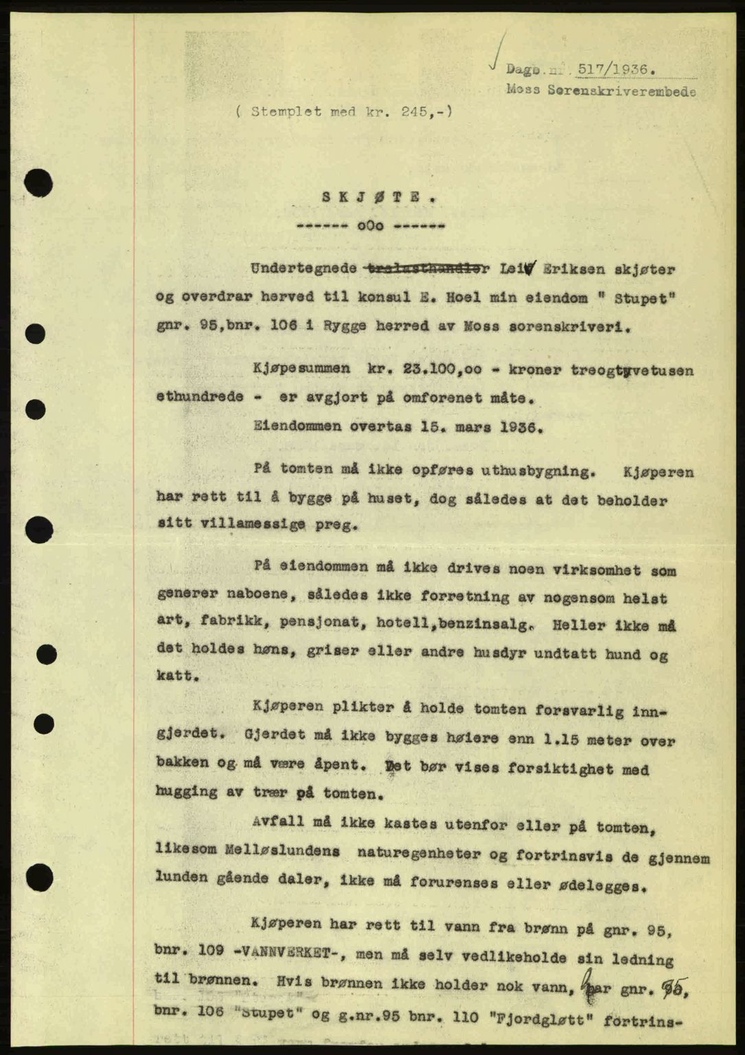 Moss sorenskriveri, SAO/A-10168: Pantebok nr. A1, 1936-1936, Dagboknr: 517/1936