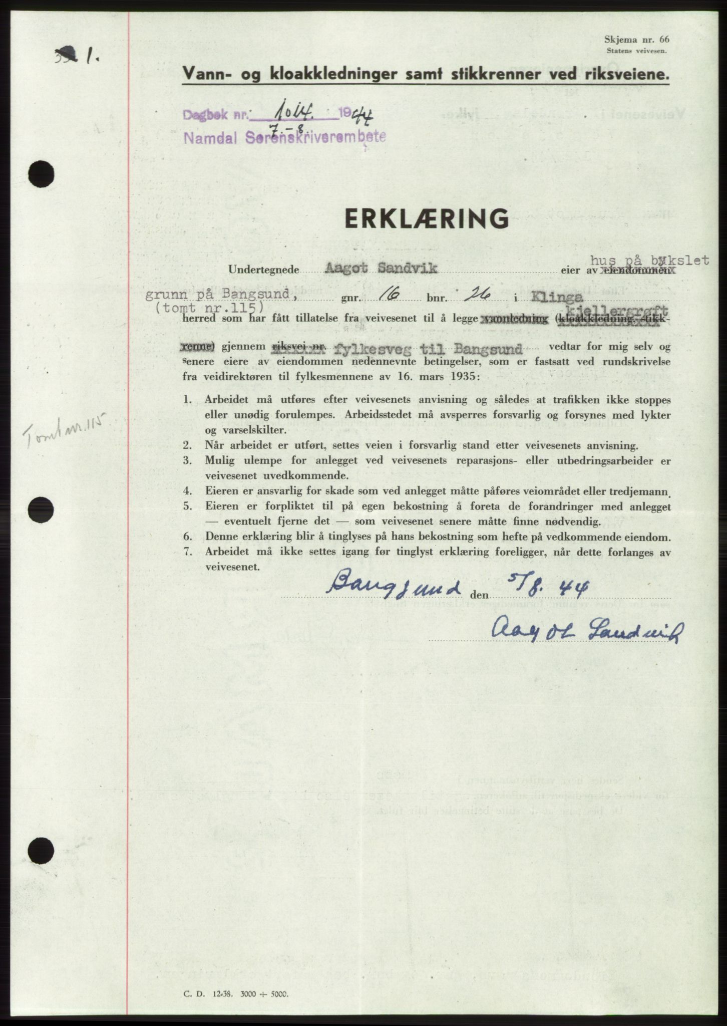 Namdal sorenskriveri, SAT/A-4133/1/2/2C: Pantebok nr. -, 1944-1945, Dagboknr: 1014/1944